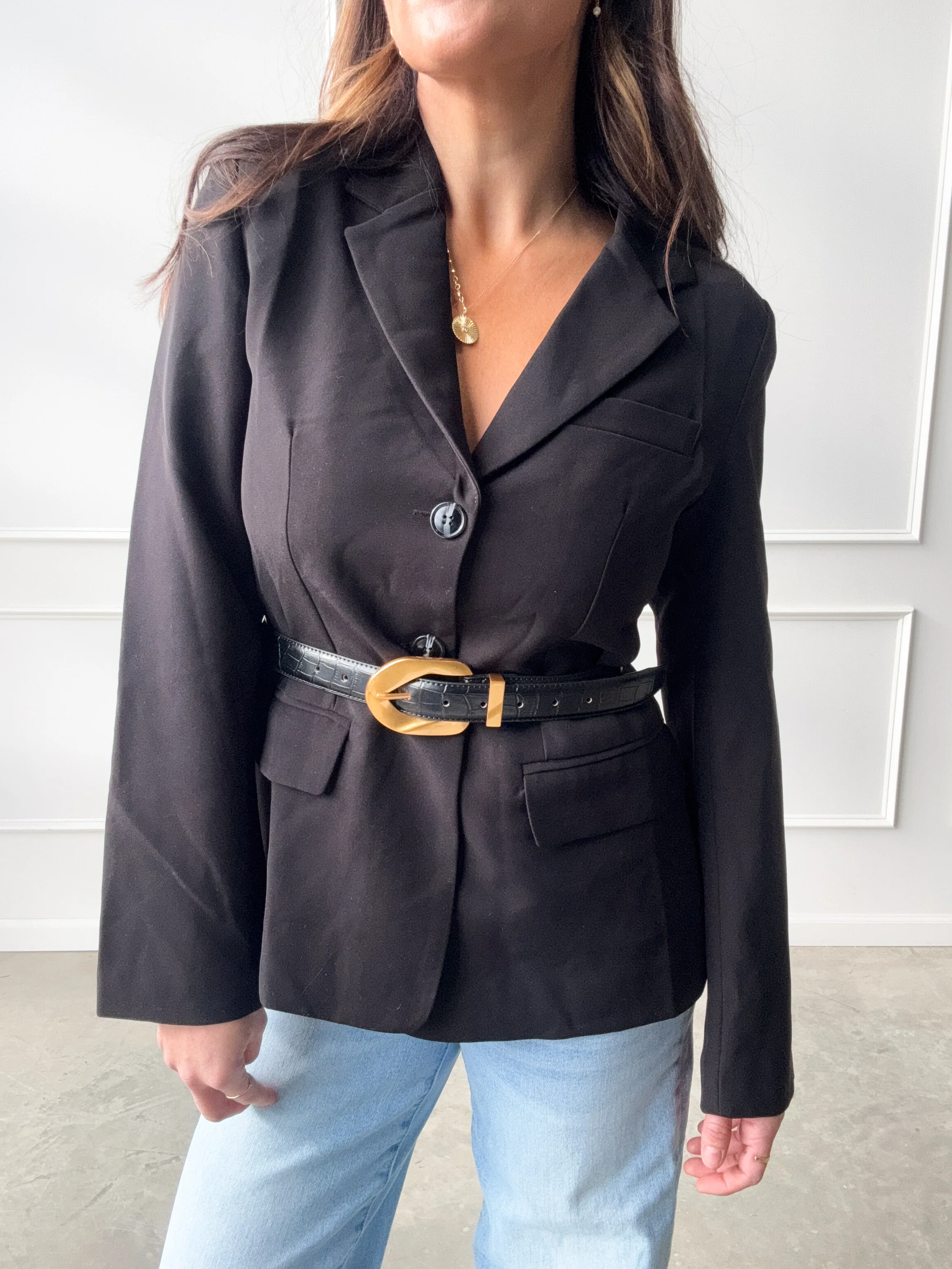 Black Leather Belt with Gold Buckle