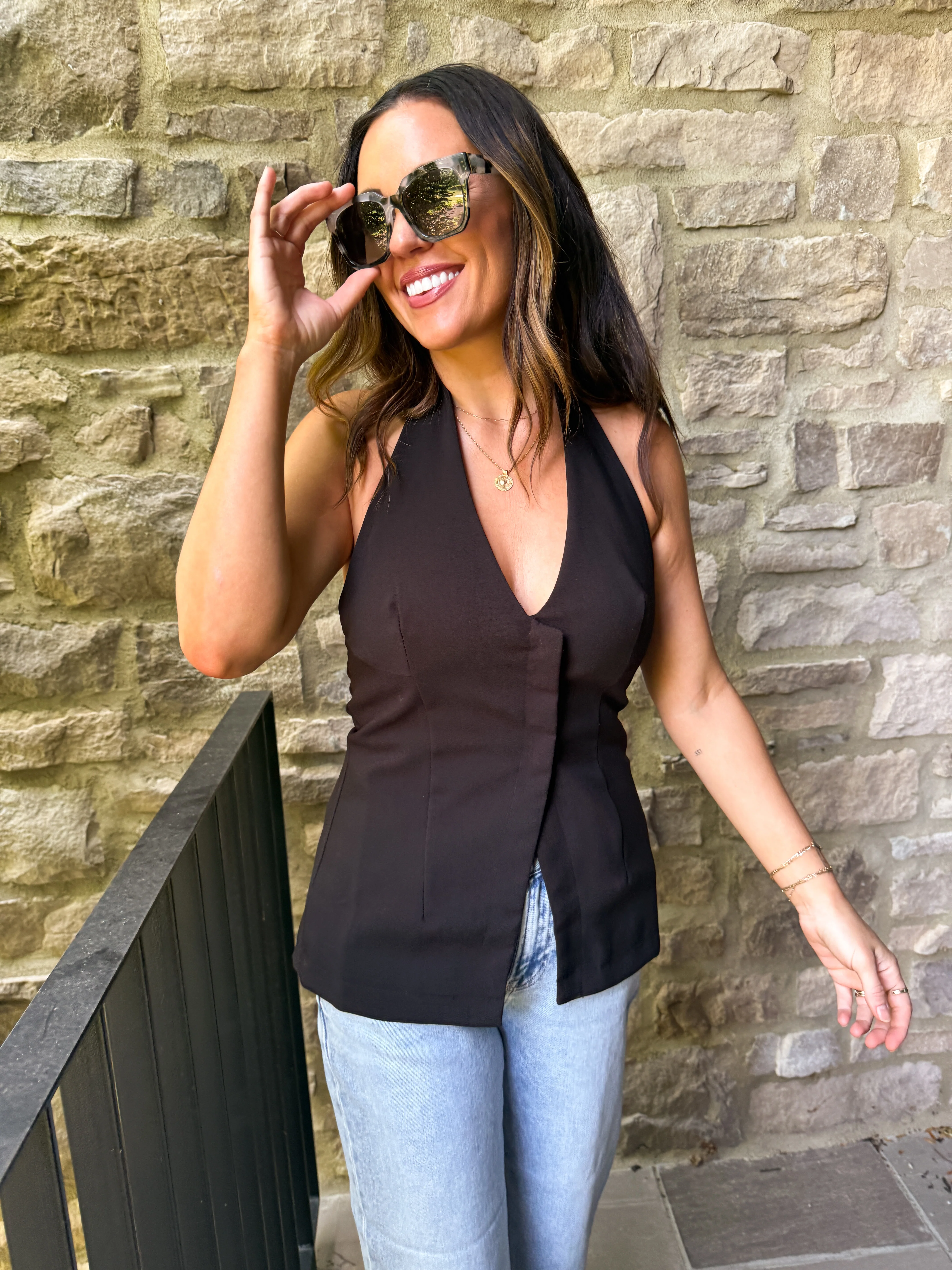 Black V-Neck Halter Top