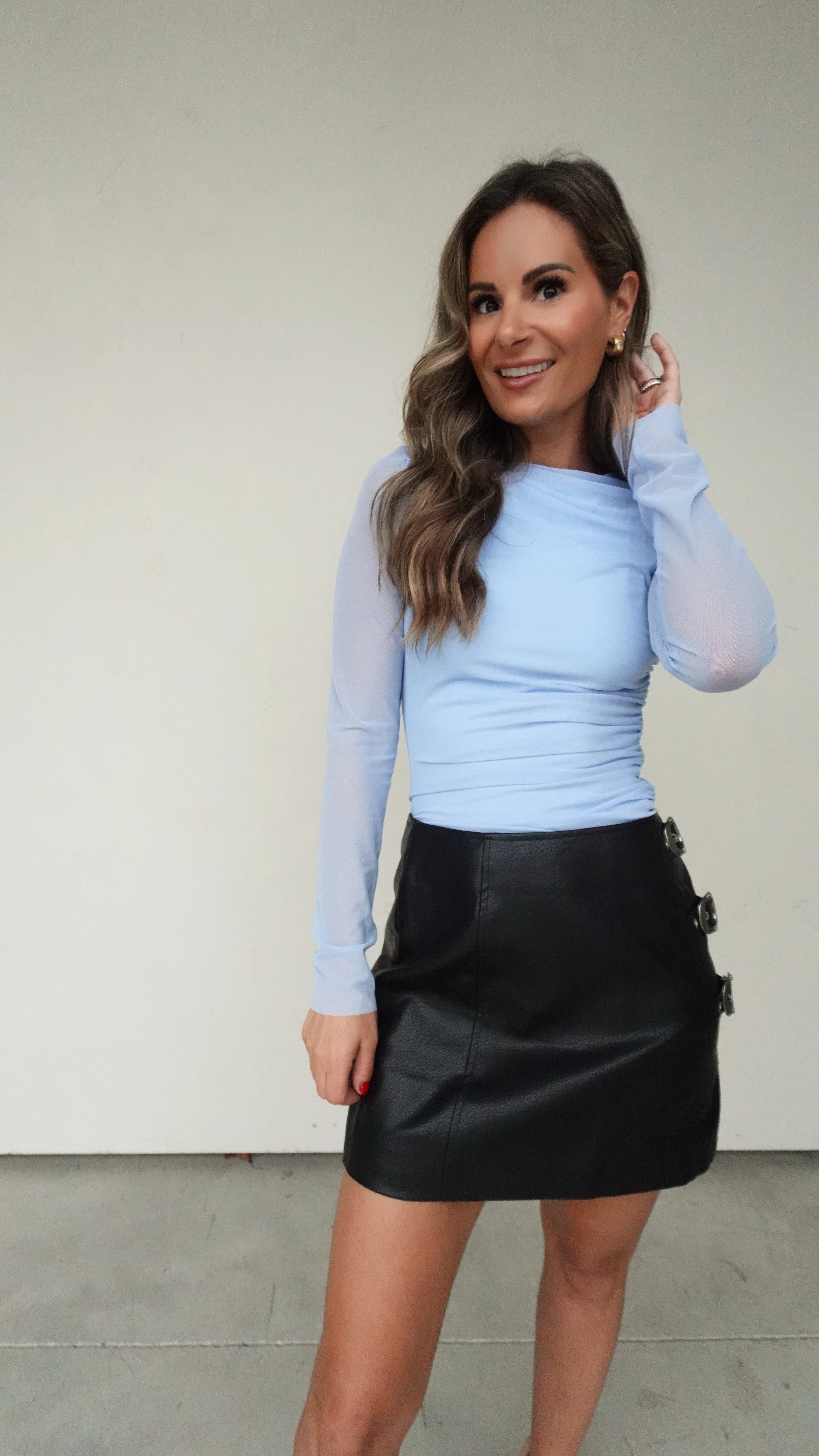 Blue Mesh Ruched Long Sleeve Top - Image 5