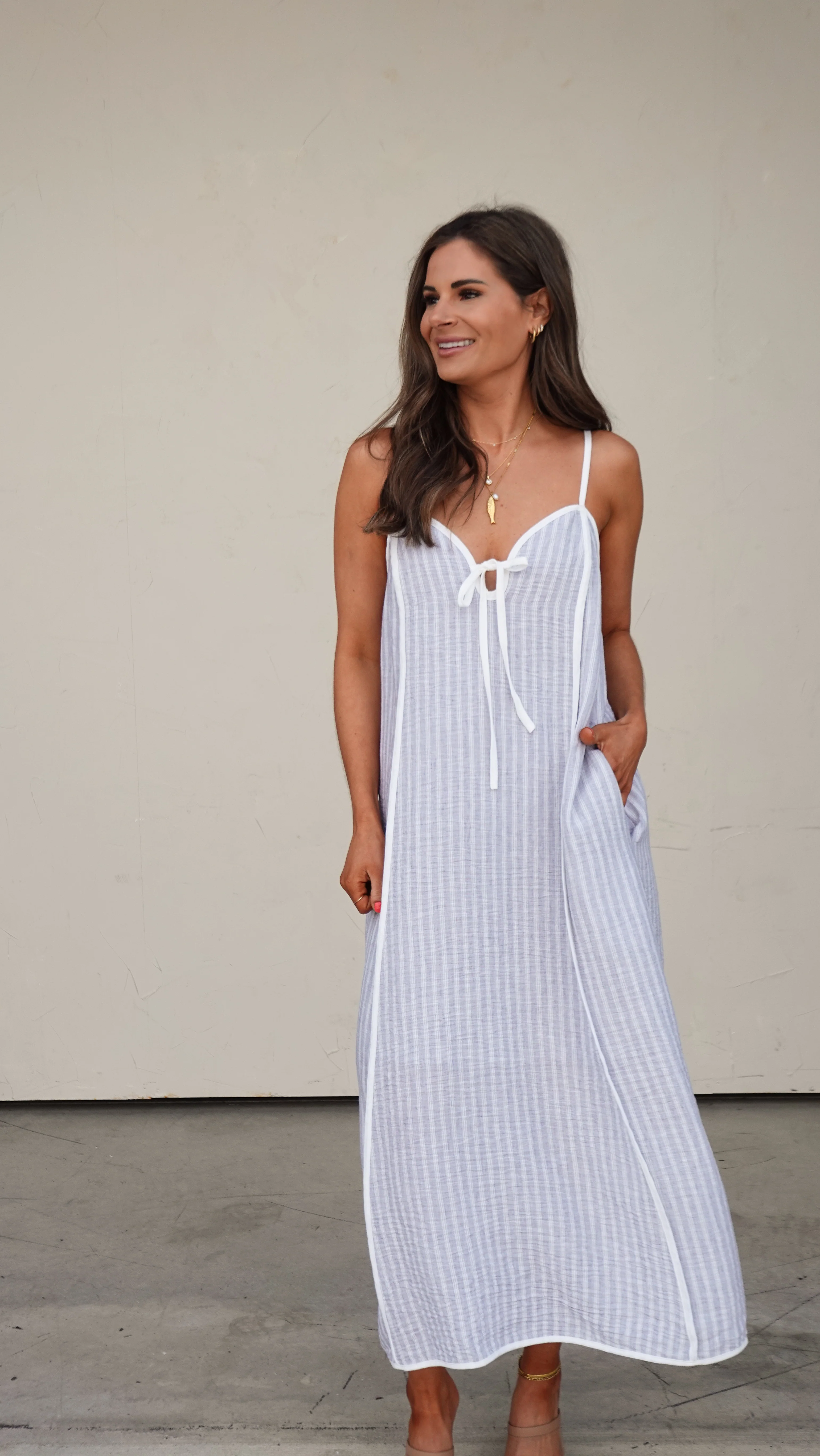 Blue Striped Sleeveless Midi Dress - Image 5