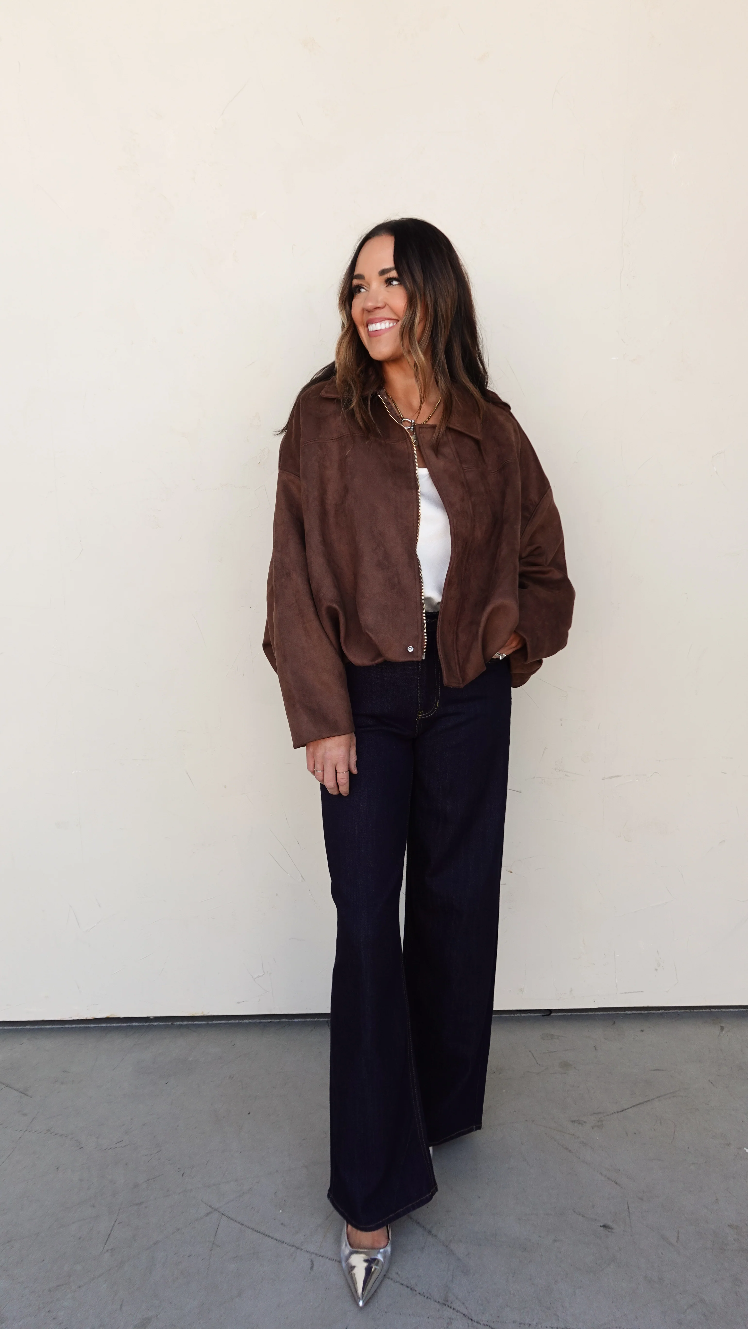 Brown Suede Oversized Bomber Jacket - Image 3