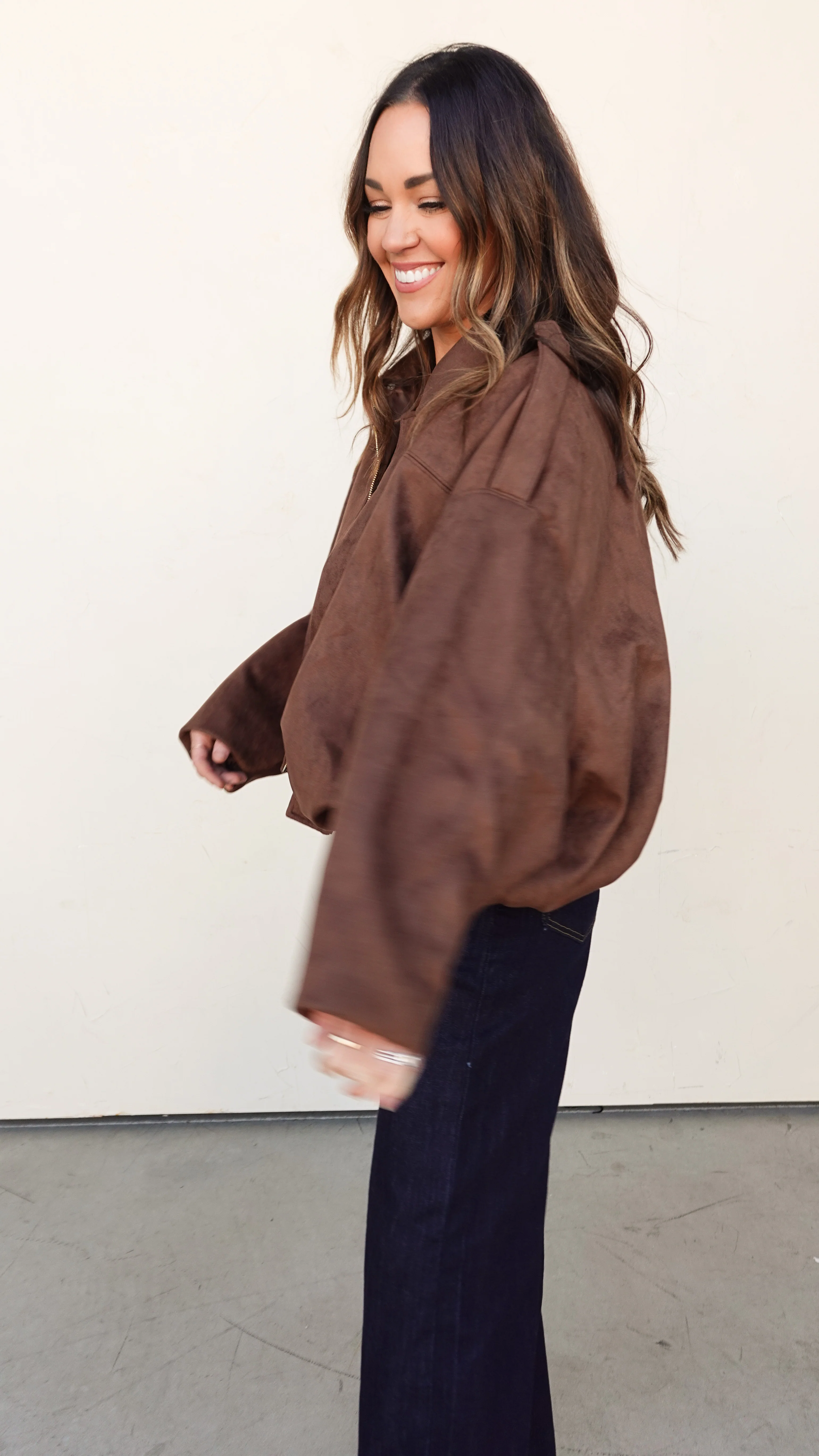Brown Suede Oversized Bomber Jacket - Image 4