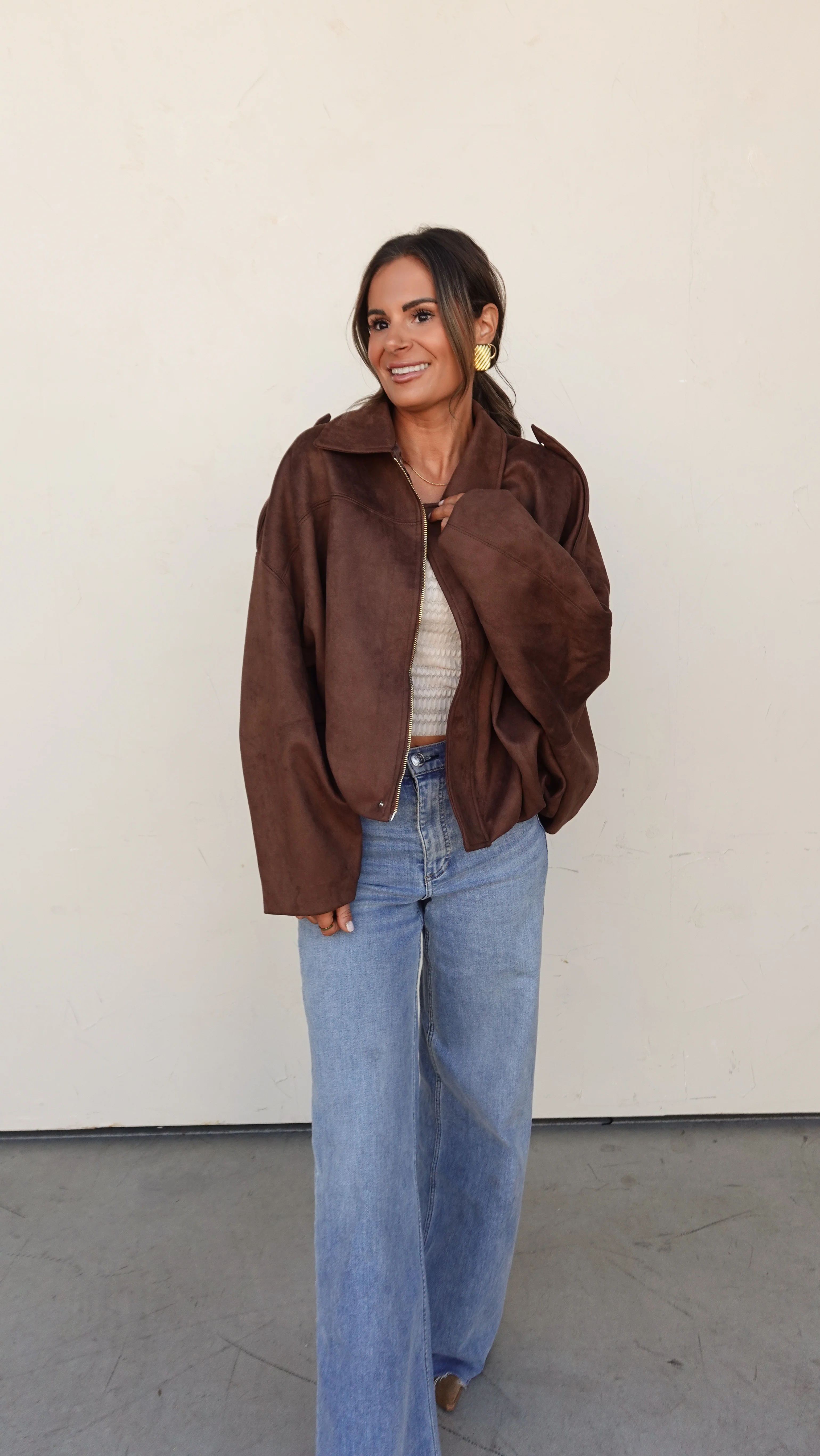 Brown Suede Oversized Bomber Jacket - Image 6