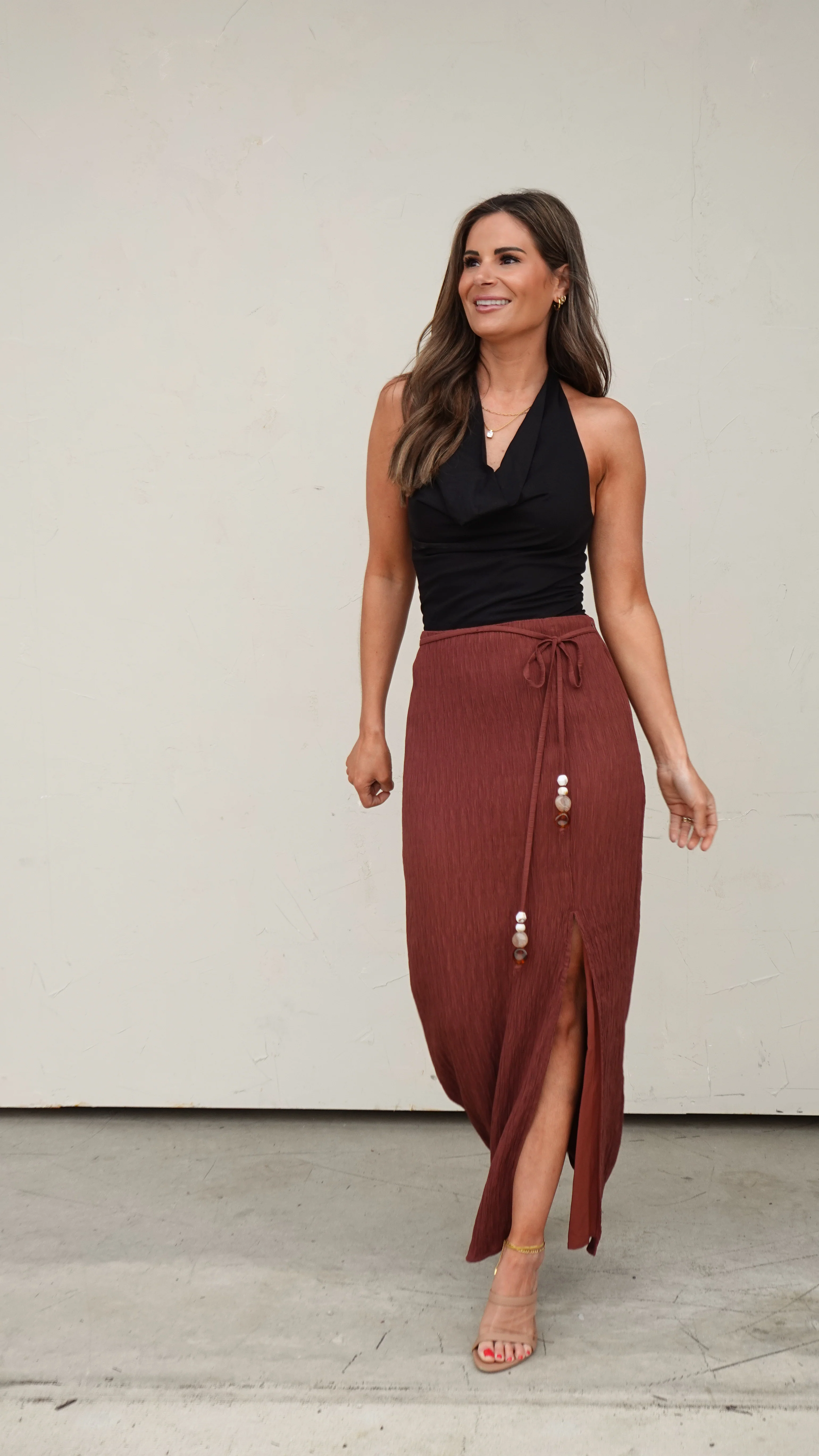 Brown Textured Midi Skirt with Beading - Image 5