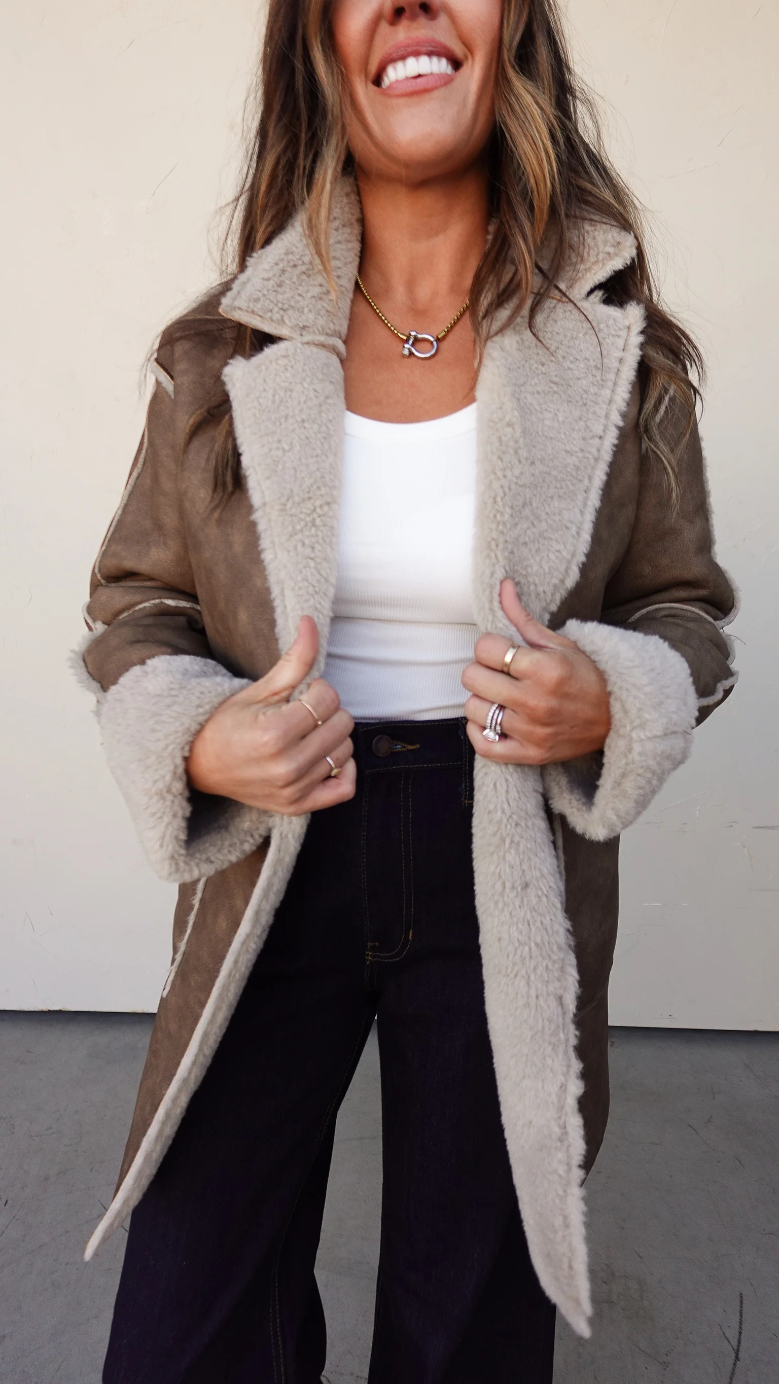 Camel Fur-Lined Faux Leather Coat - Image 3