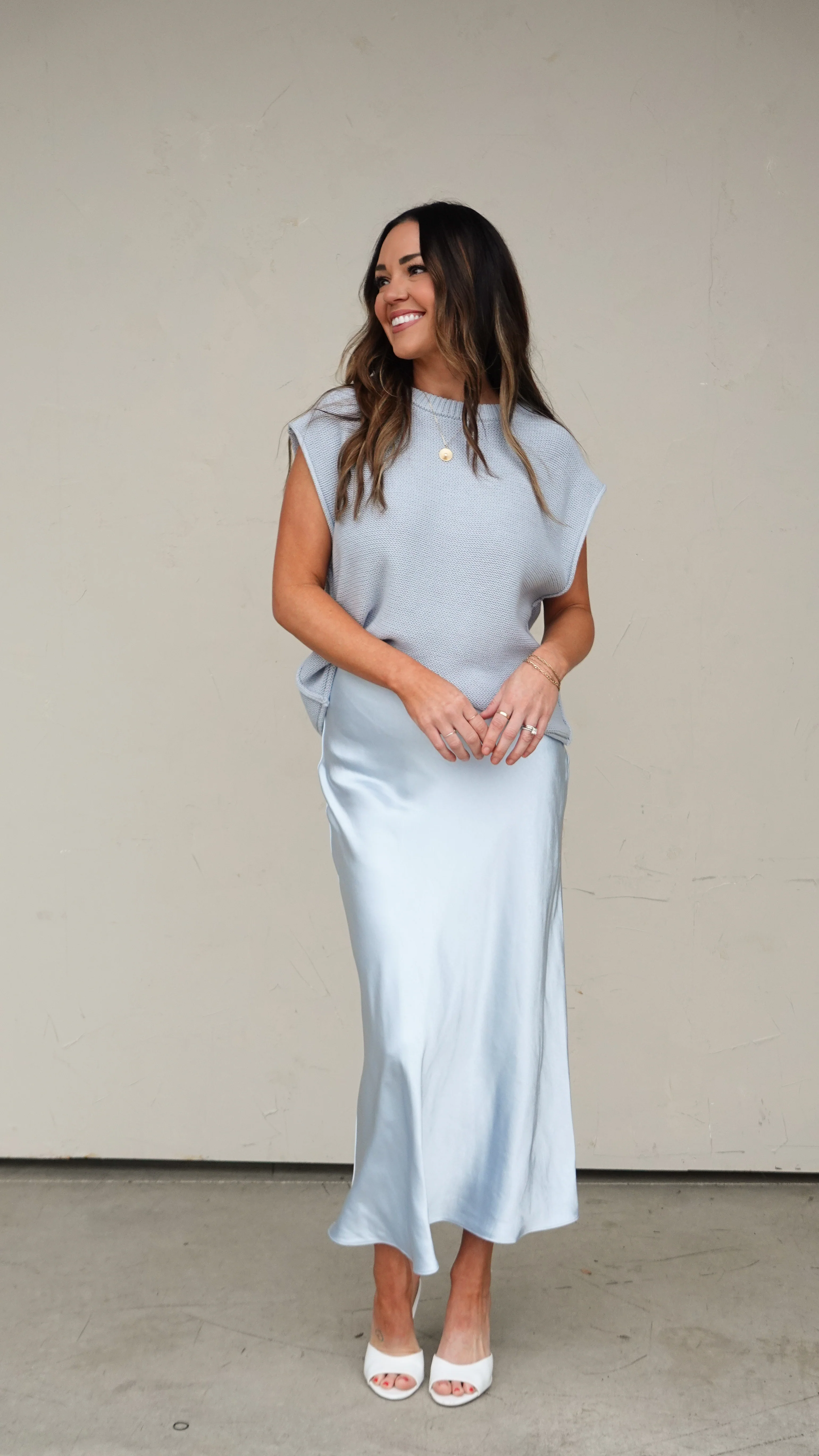 Cloud Blue Satin Midi Skirt - Image 5