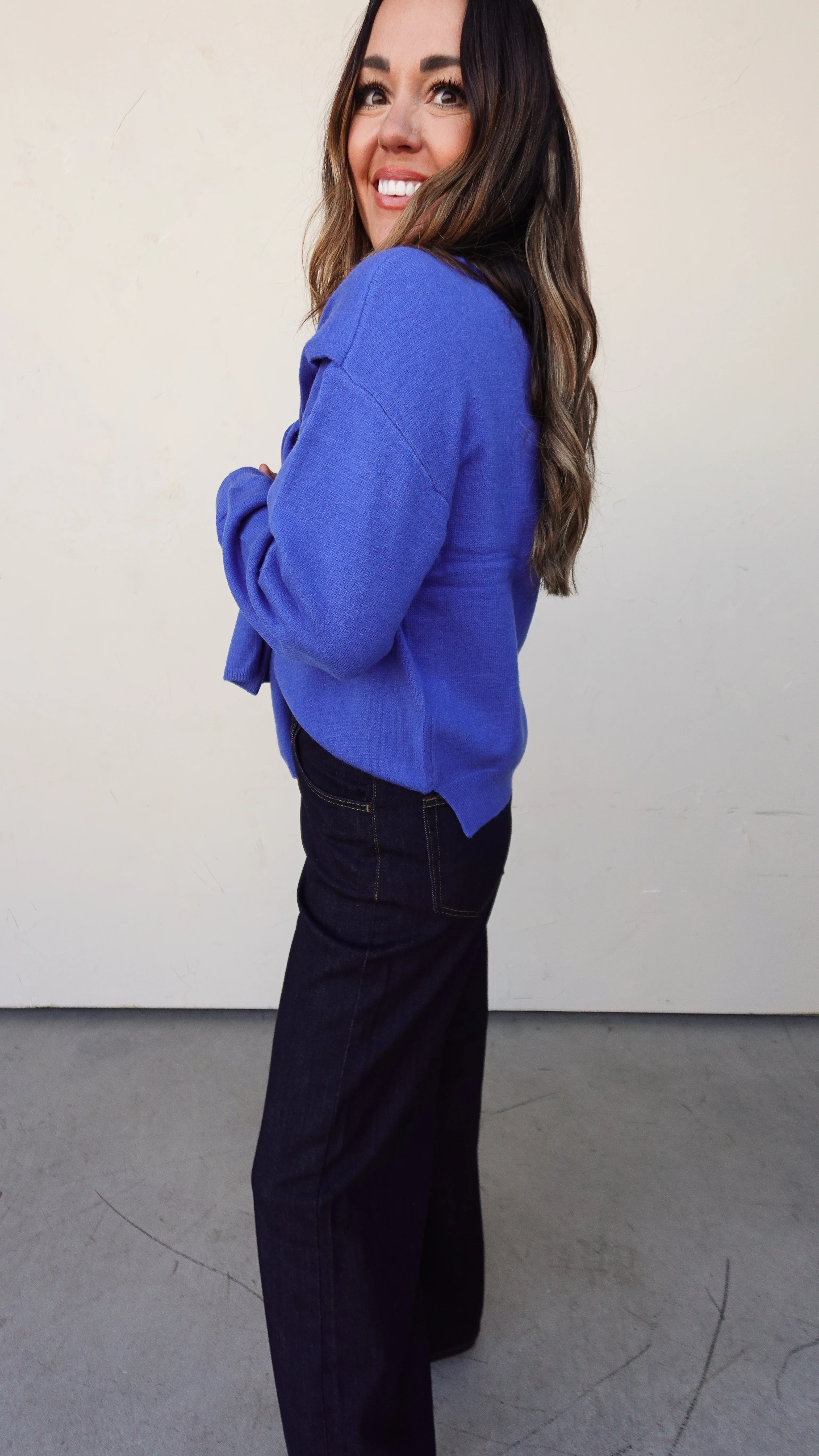 Cobalt Blue Sweater with Shoulder Draping - Image 3