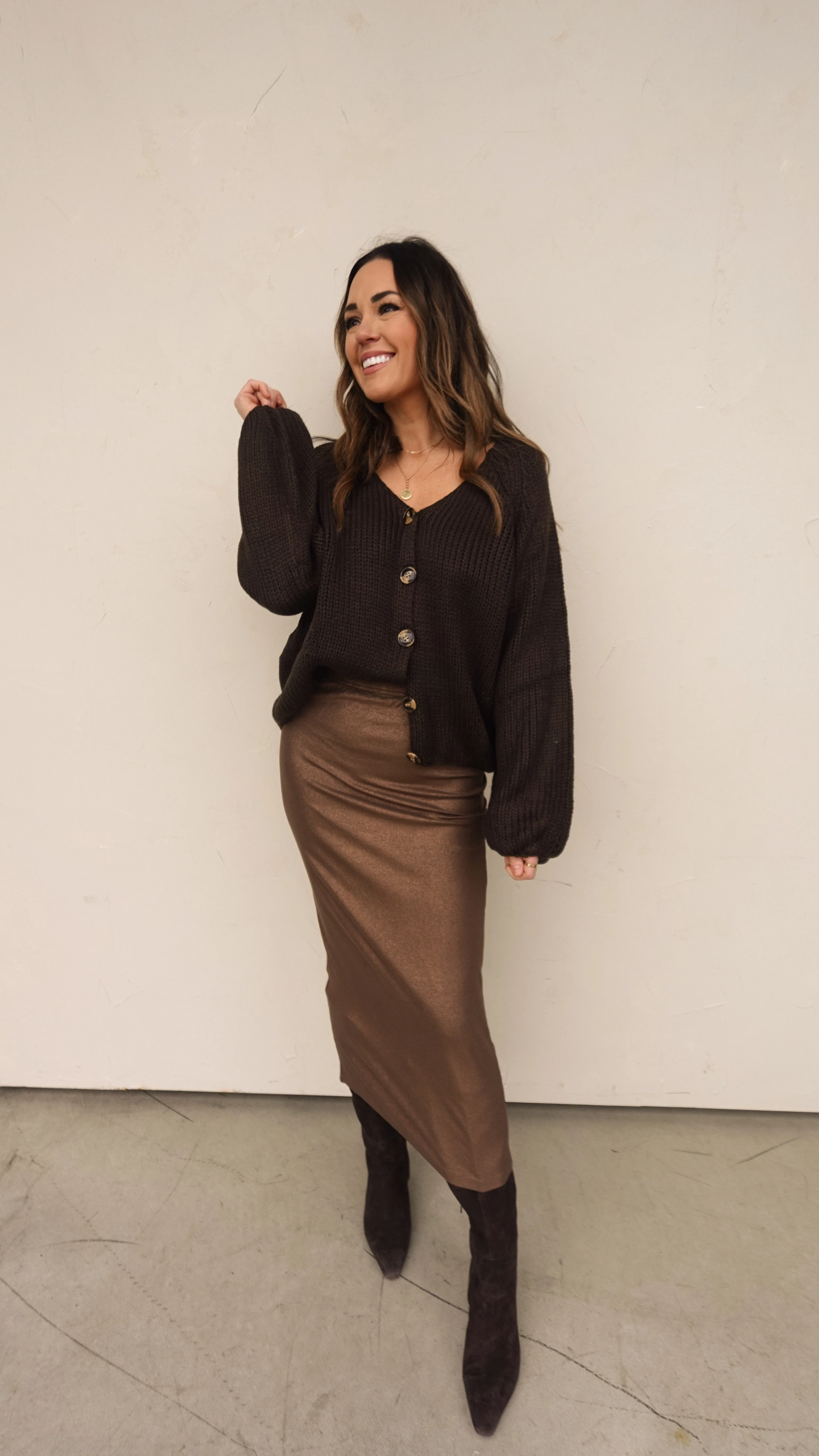 Coffee Metallic Ribbed Midi Skirt - Image 7