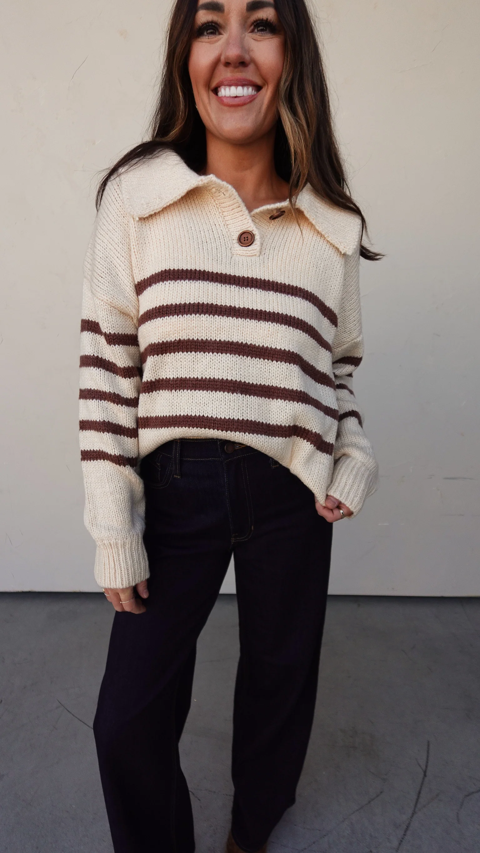 Cream/Brown Striped Button Collar Sweater - Image 3