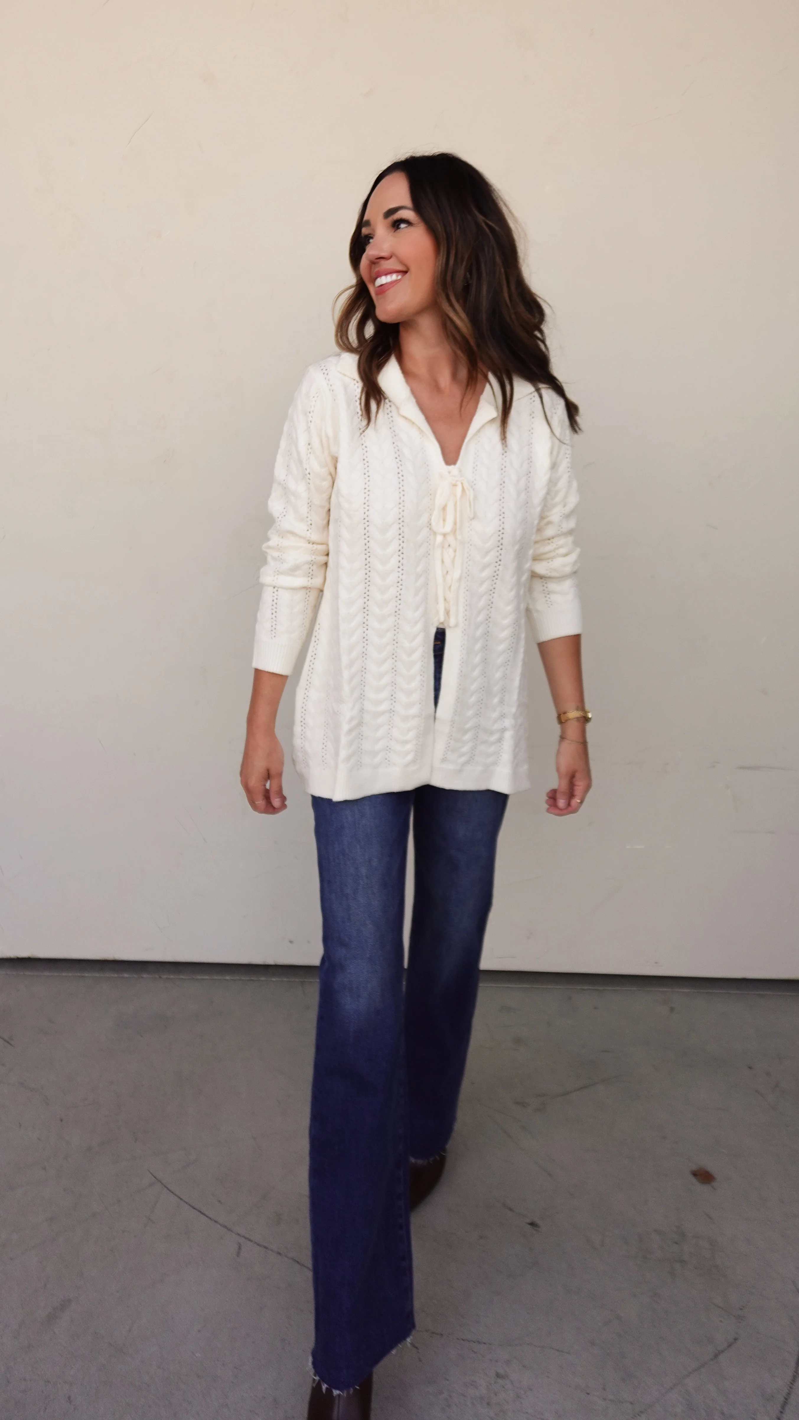 Cream Cableknit Lace Up Sweater - Image 5