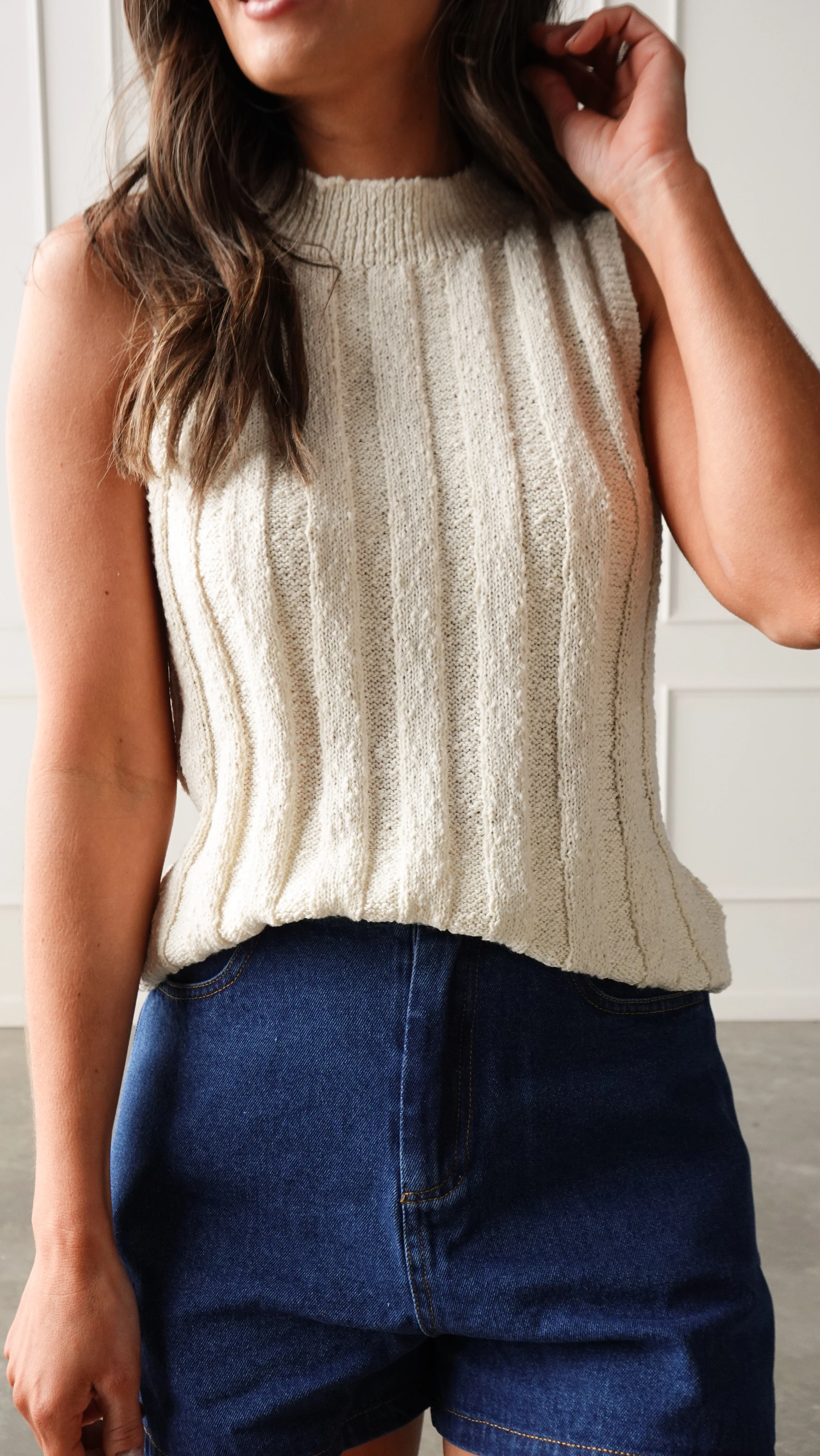Cream Mock Neck Ribbed Knit Tank - Image 3