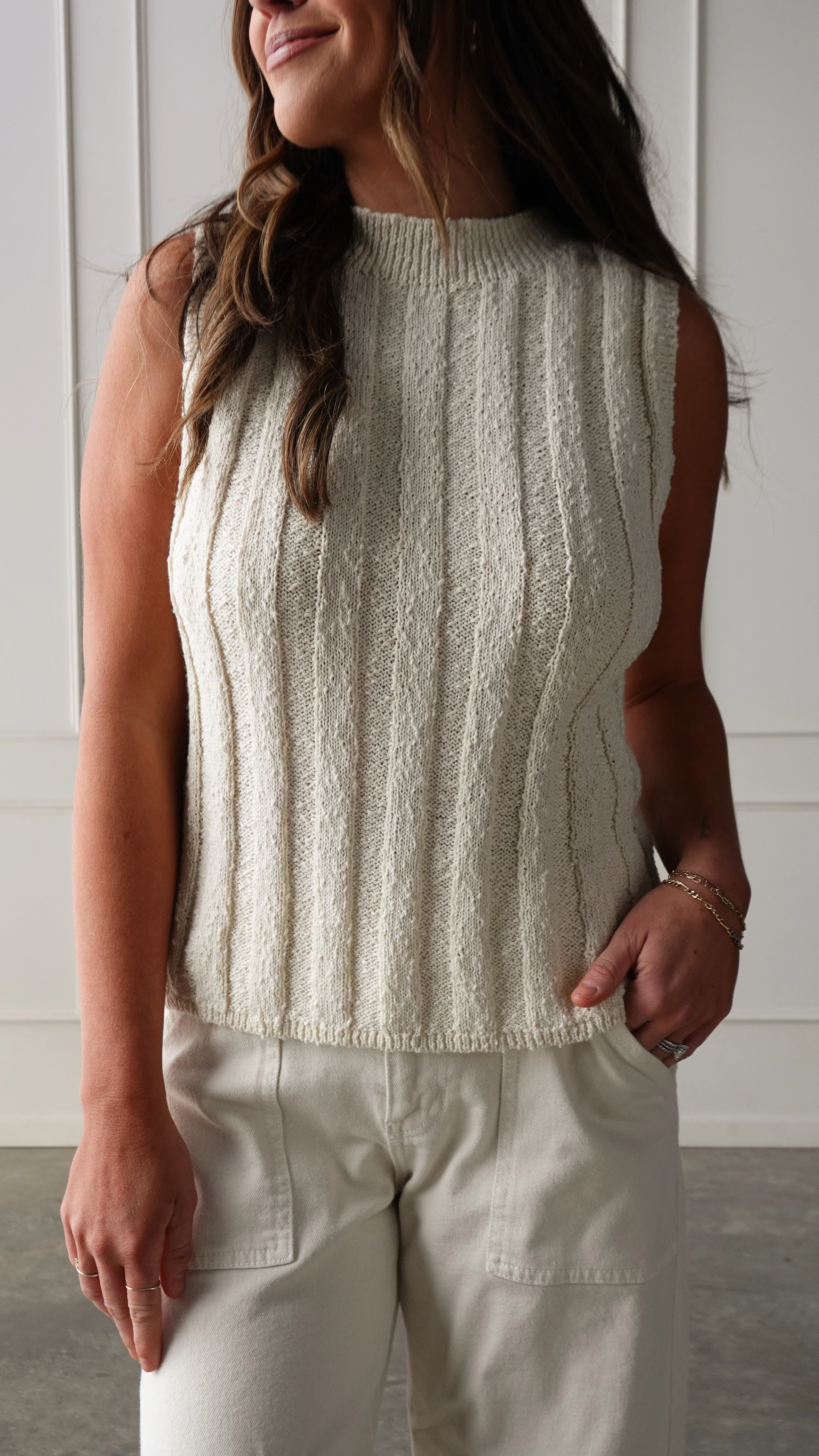 Cream Mock Neck Ribbed Knit Tank - Image 6