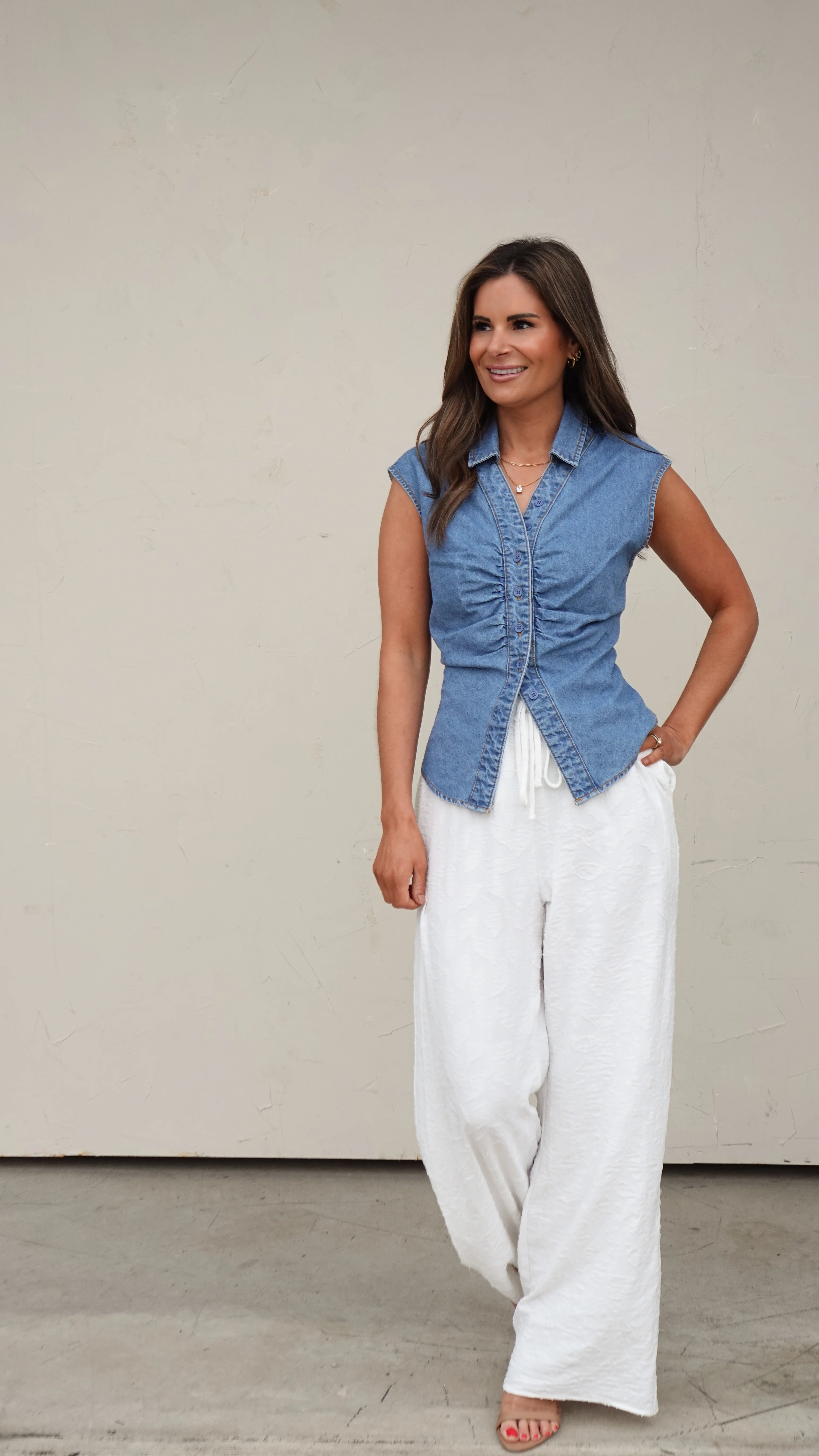 Denim Button-Front Sleeveless Top - Image 3