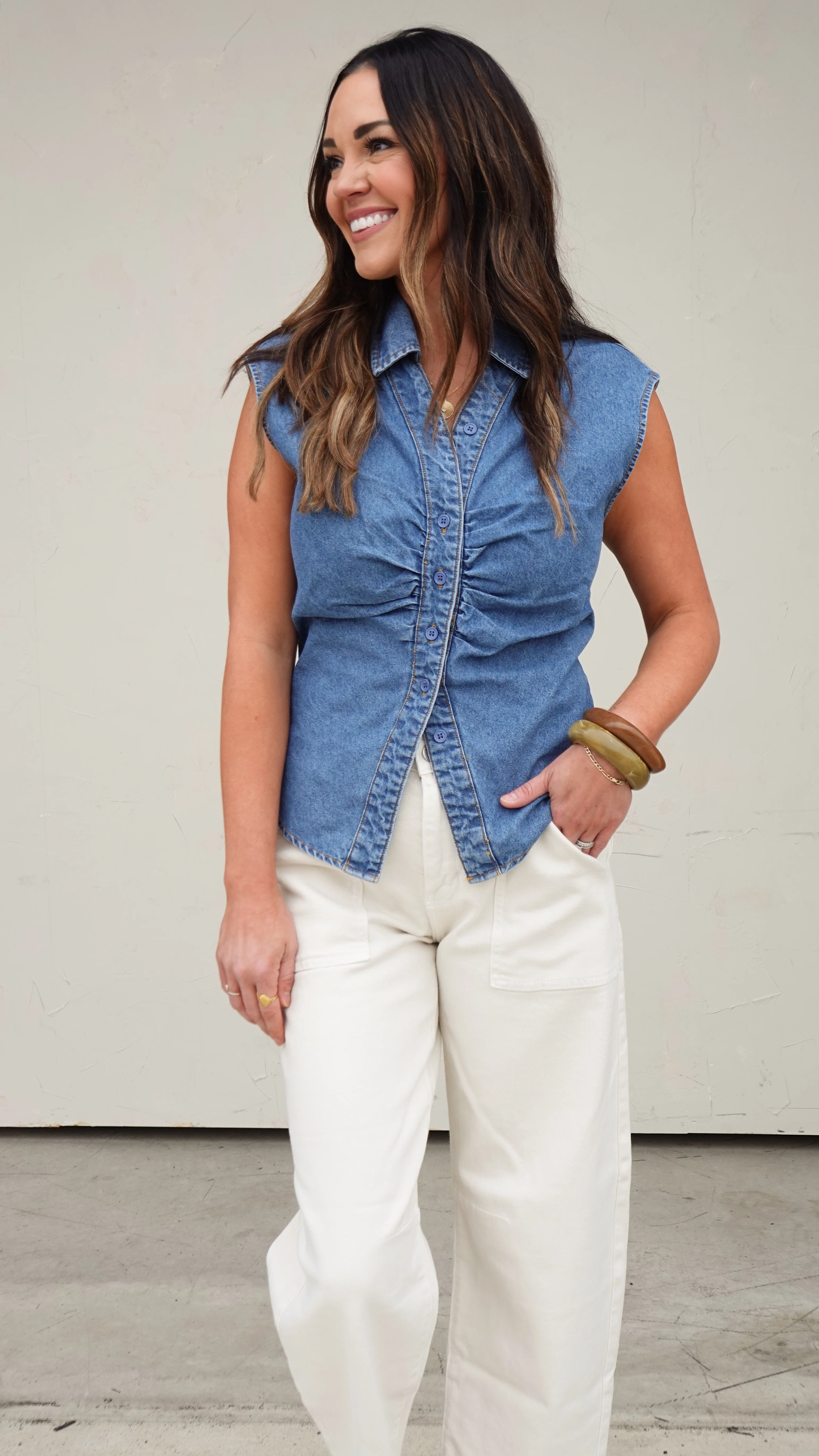 Denim Button-Front Sleeveless Top - Image 5