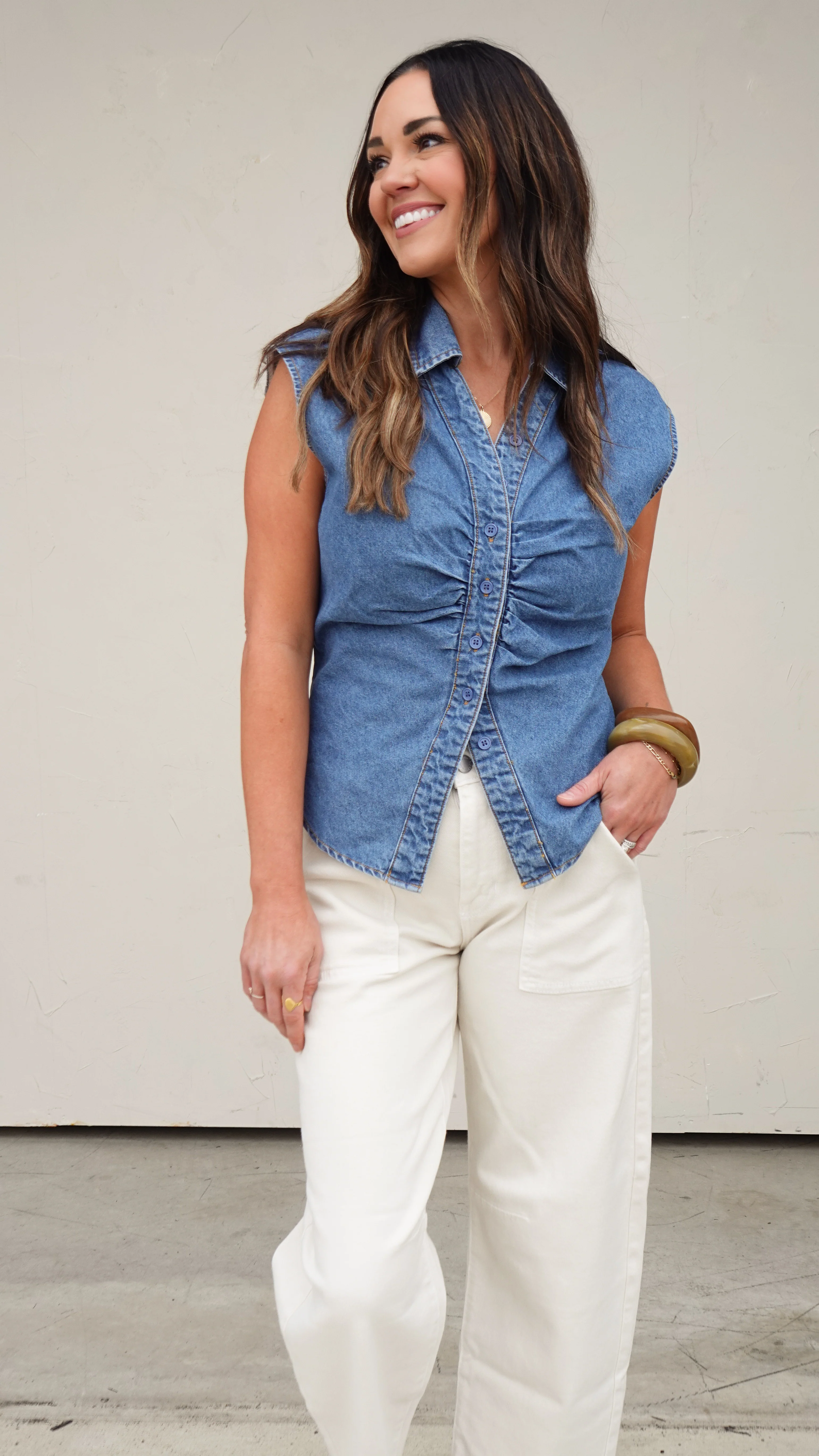 Denim Button-Front Sleeveless Top - Image 6