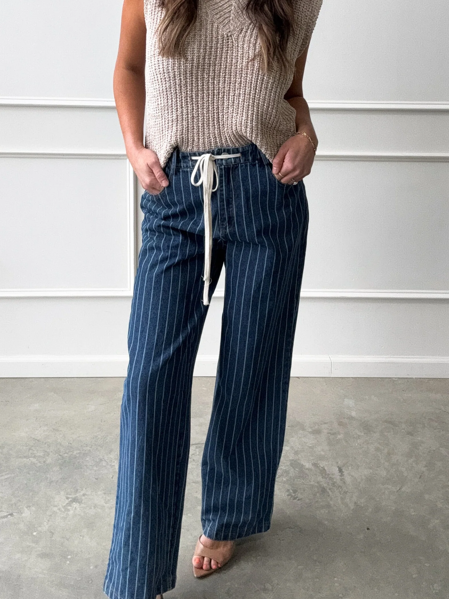 Drawstring Striped Straight Denim