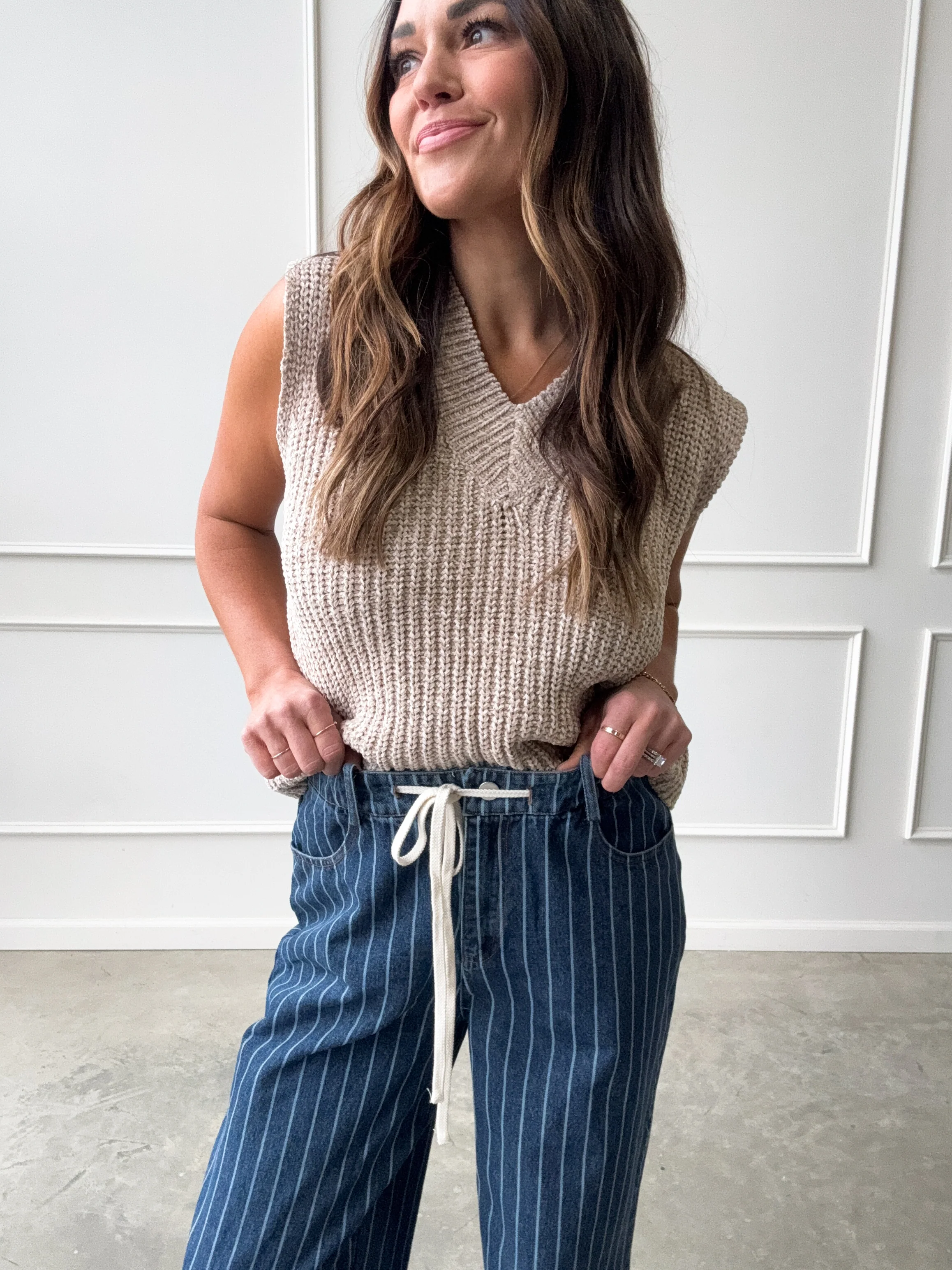 Drawstring Striped Straight Denim - Image 3