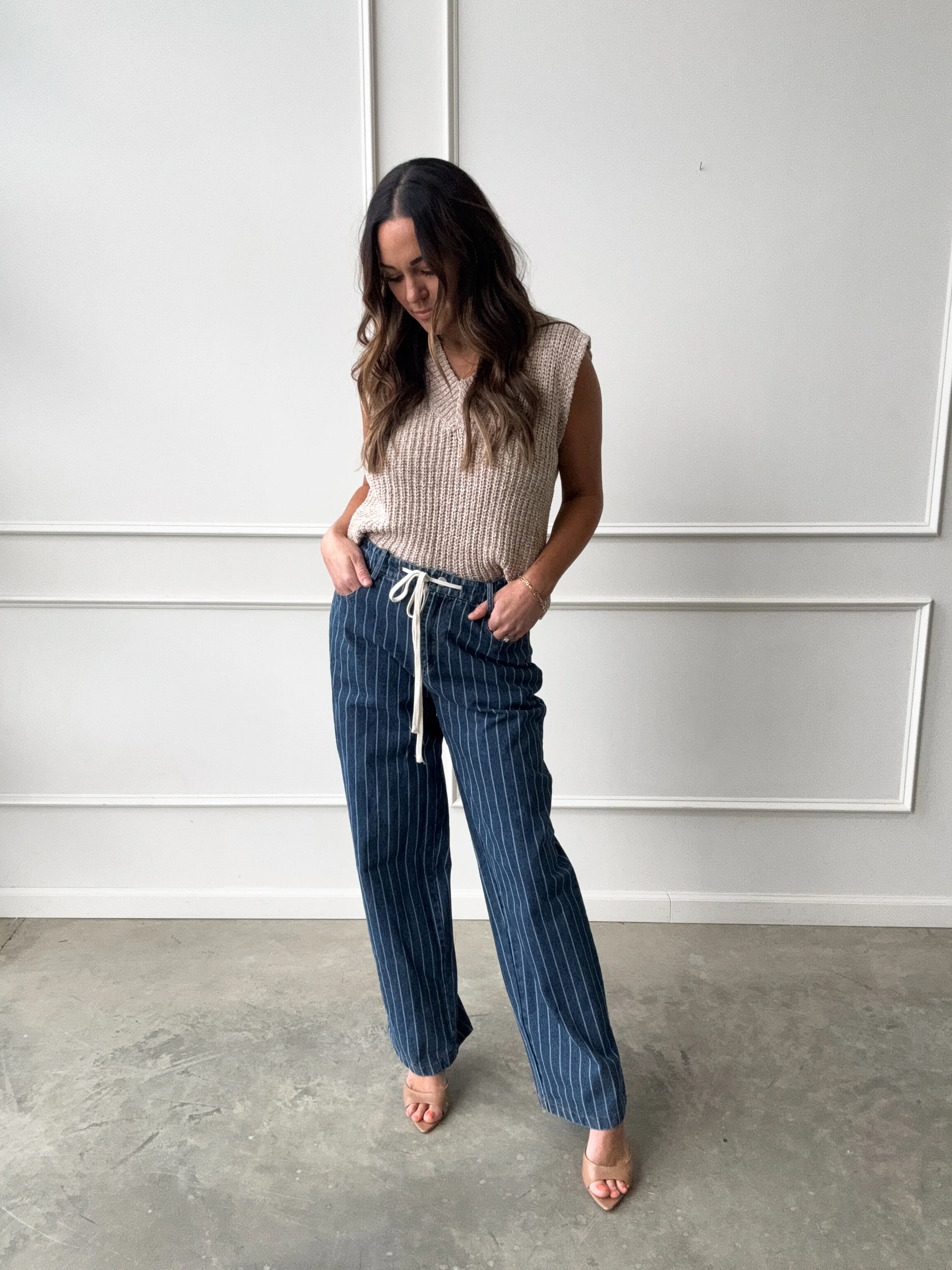 Drawstring Striped Straight Denim - Image 5