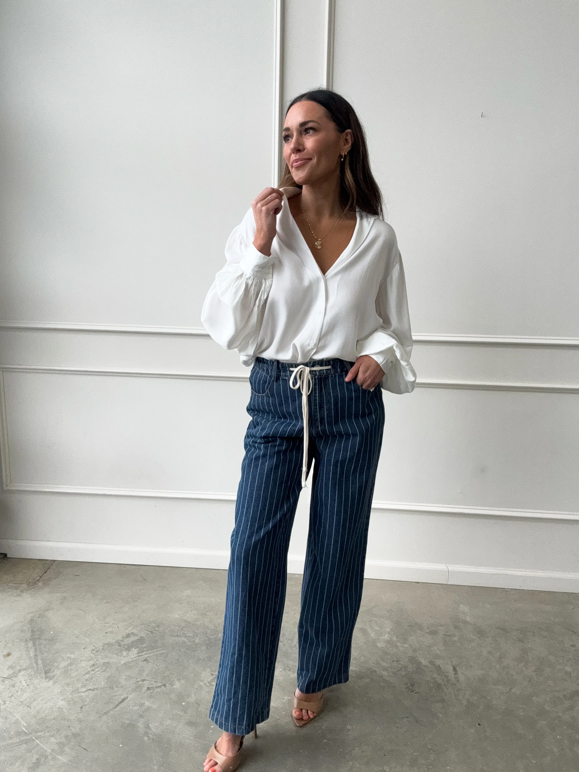 Drawstring Striped Straight Denim - Image 8