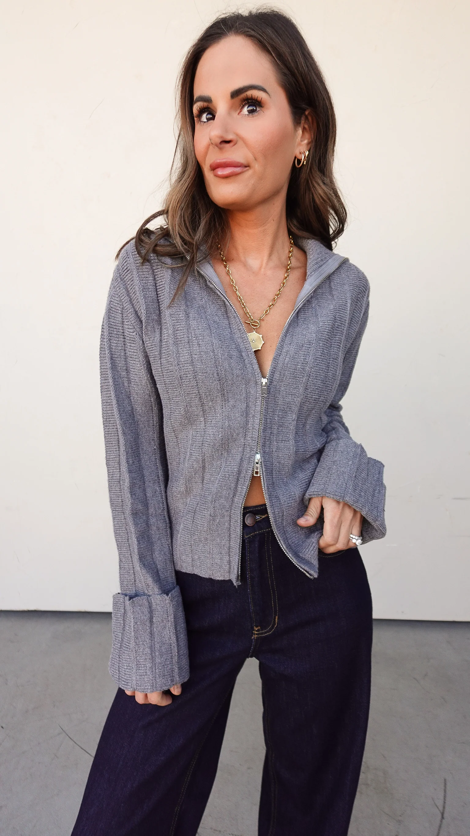 Gray Collared Zip-Up Sweater - Image 10