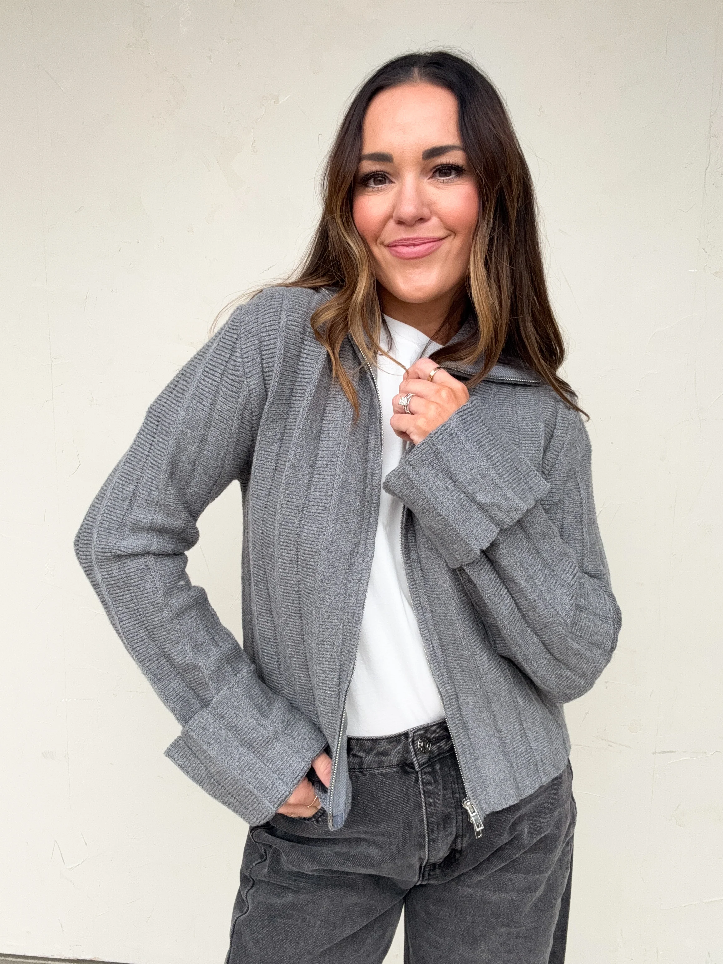 Gray Collared Zip-Up Sweater - Image 3