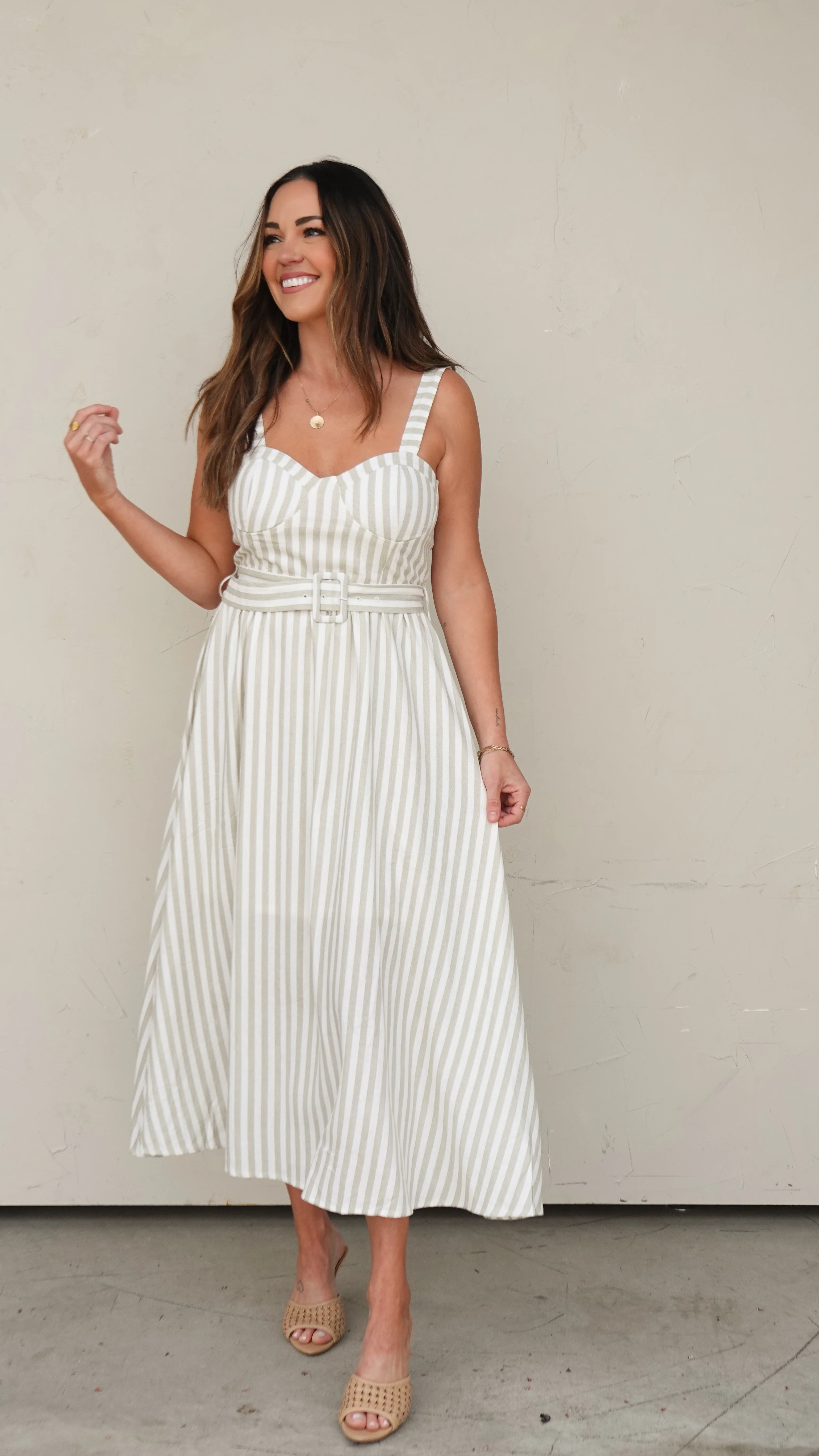 Green Stripe Belted Midi Dress - Image 10