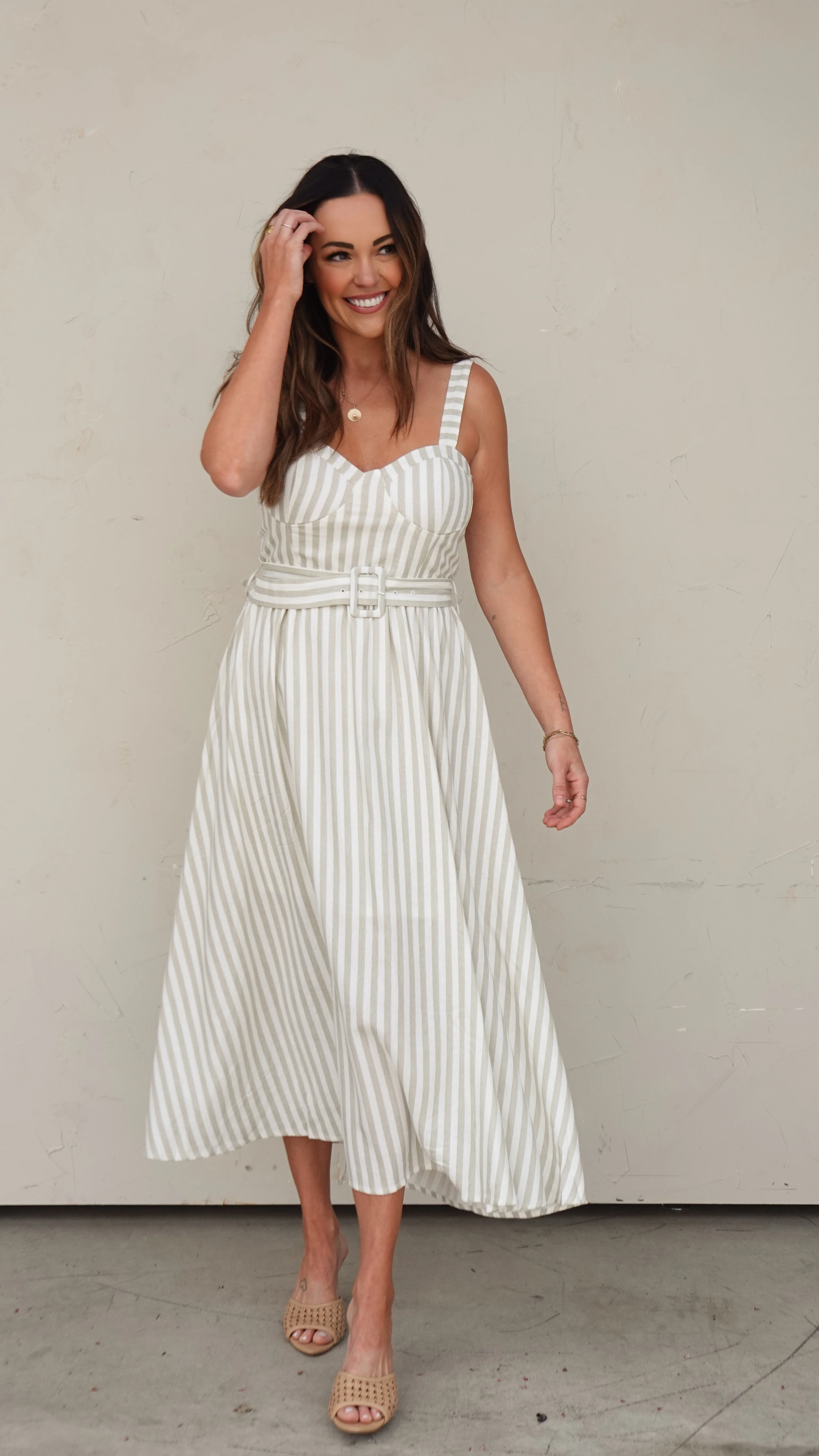 Green Stripe Belted Midi Dress - Image 11