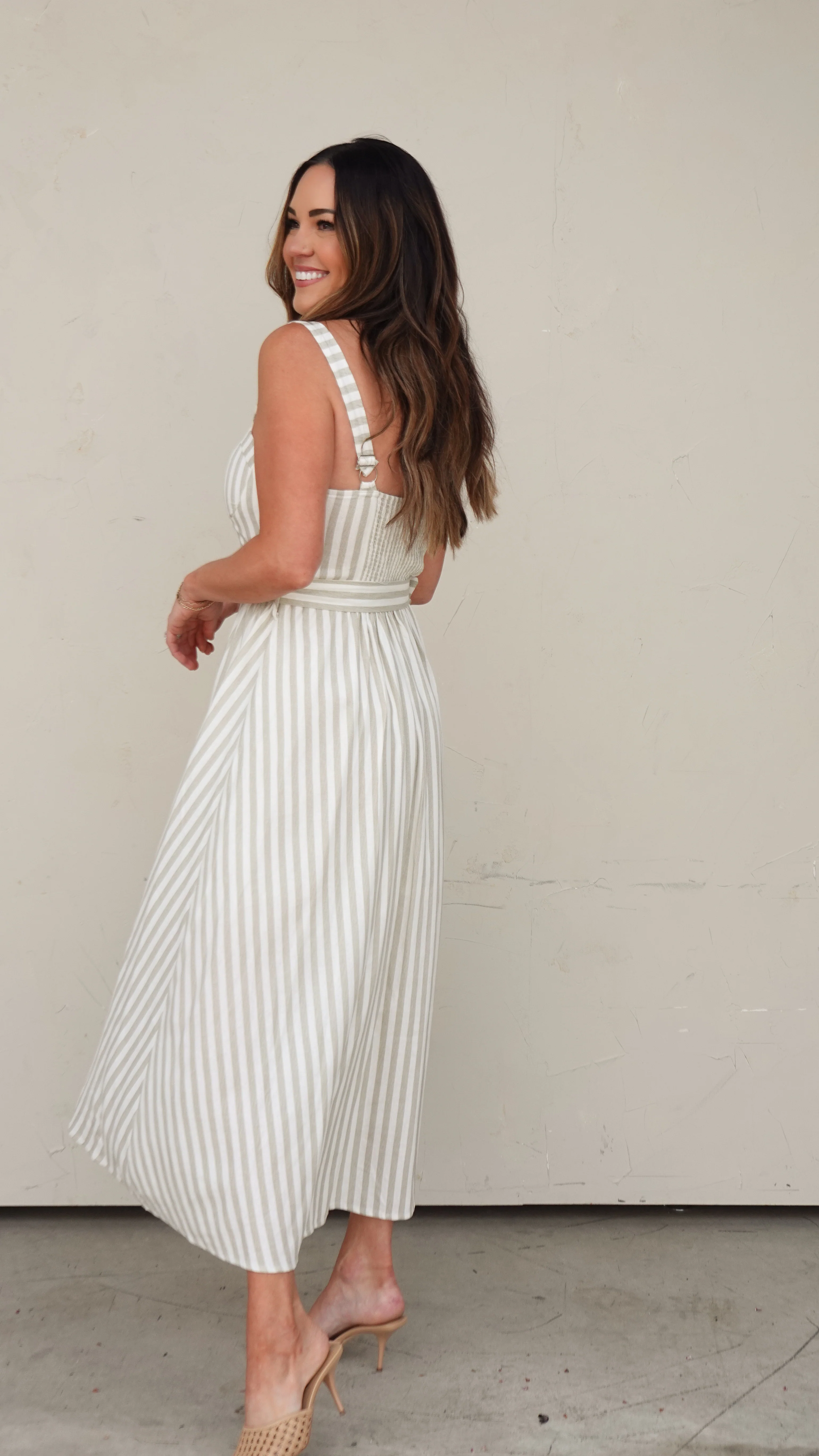Green Stripe Belted Midi Dress - Image 12