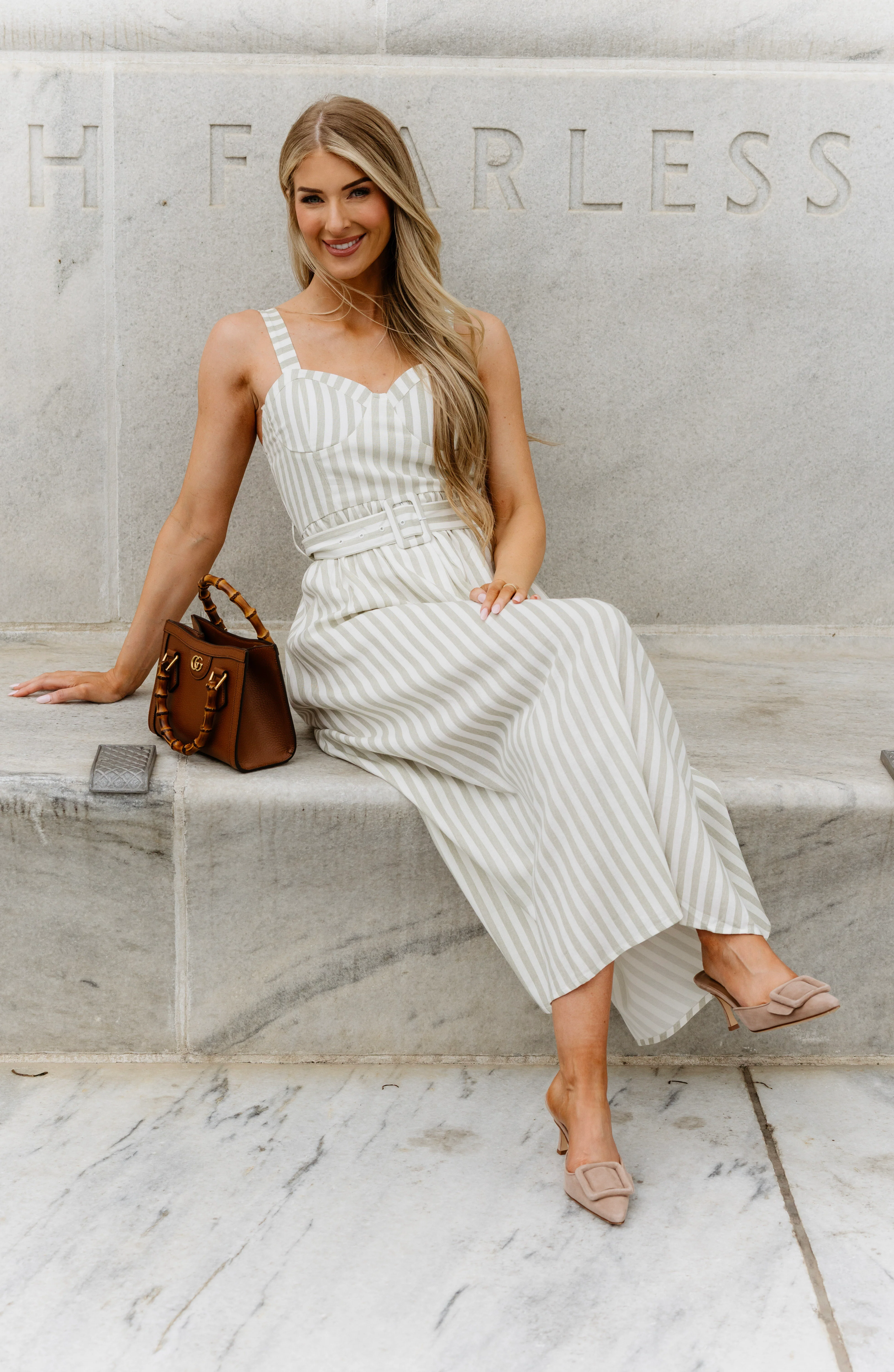 Green Stripe Belted Midi Dress - Image 3