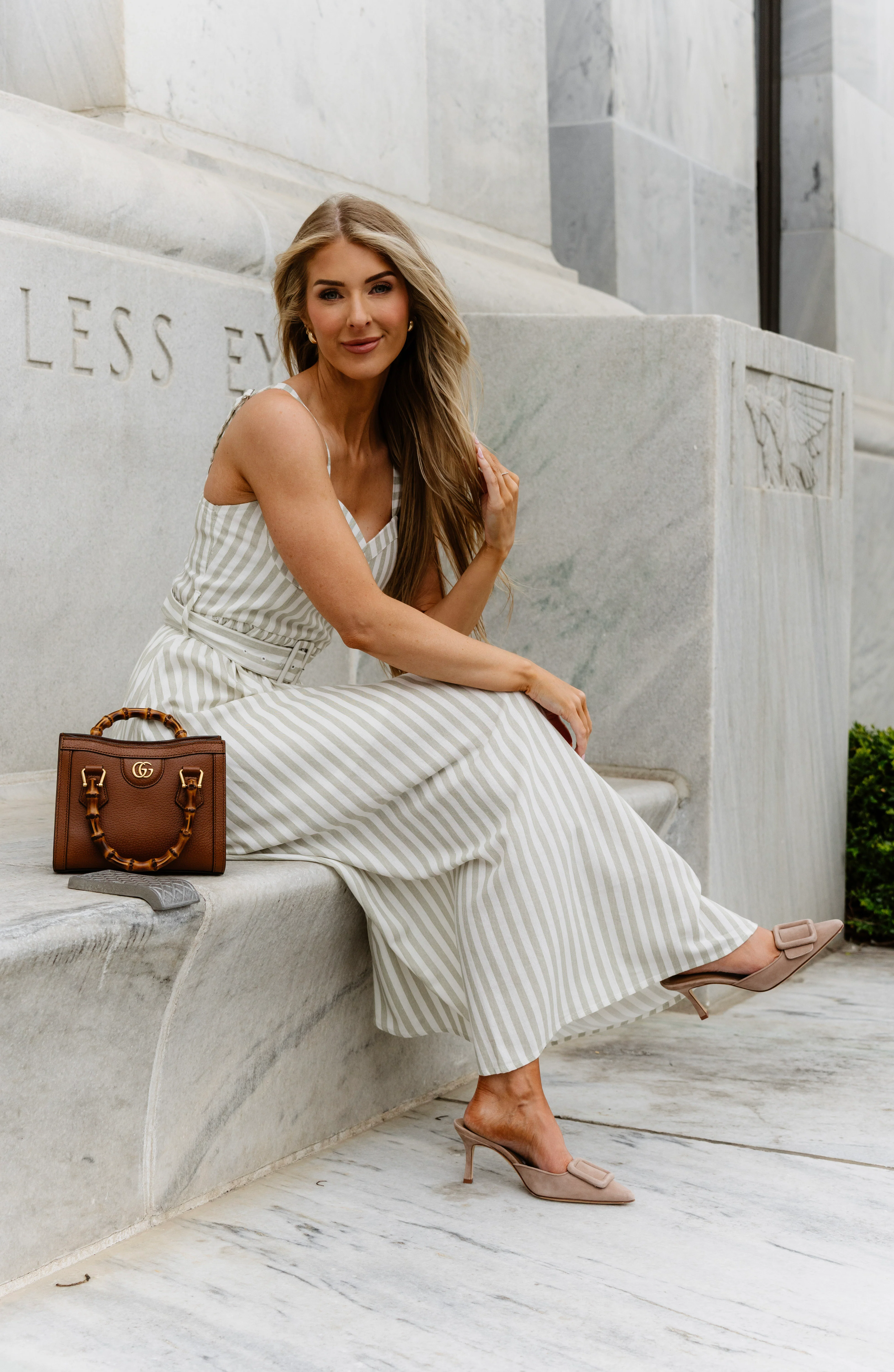 Green Stripe Belted Midi Dress - Image 4