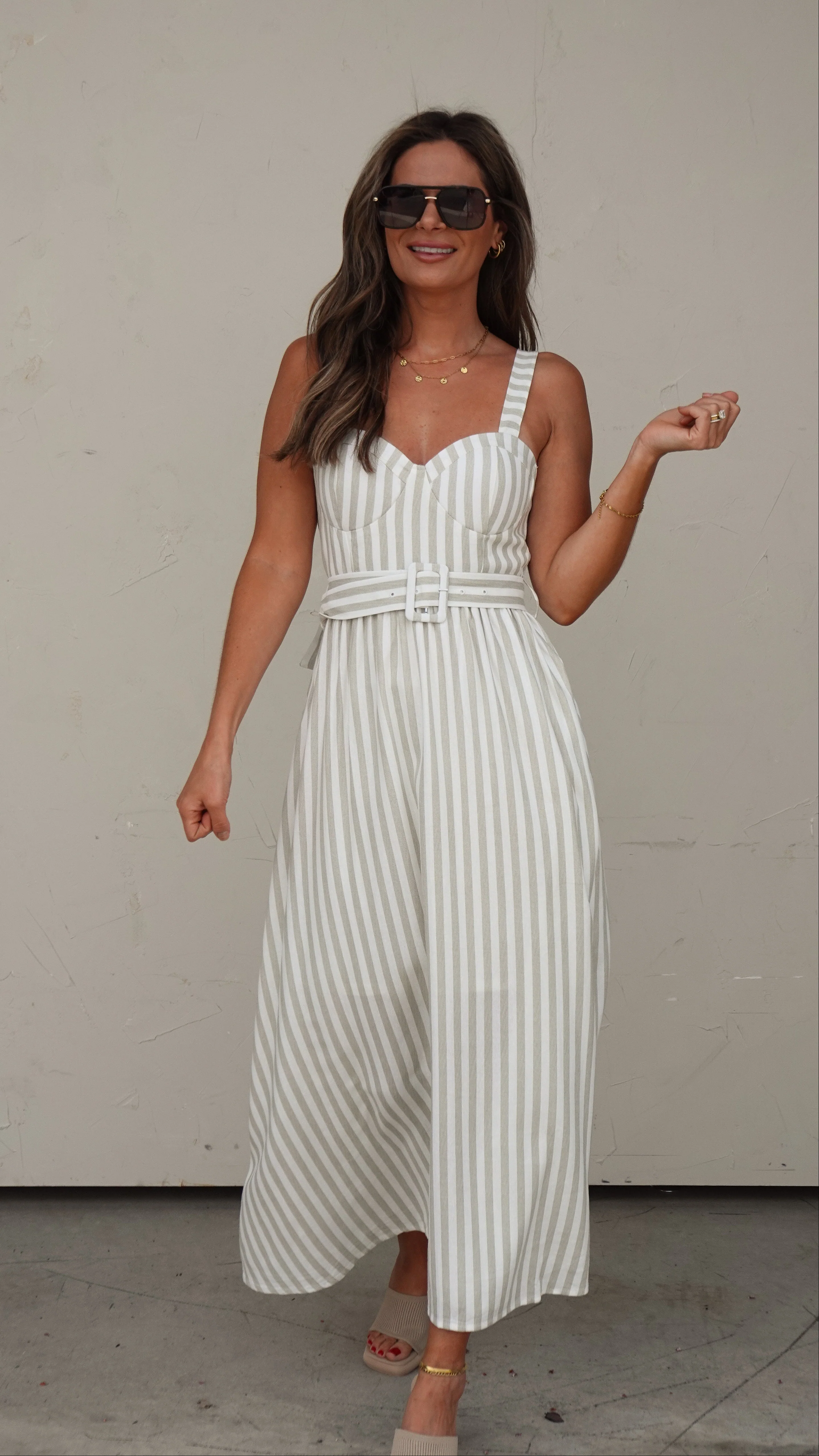 Green Stripe Belted Midi Dress - Image 5
