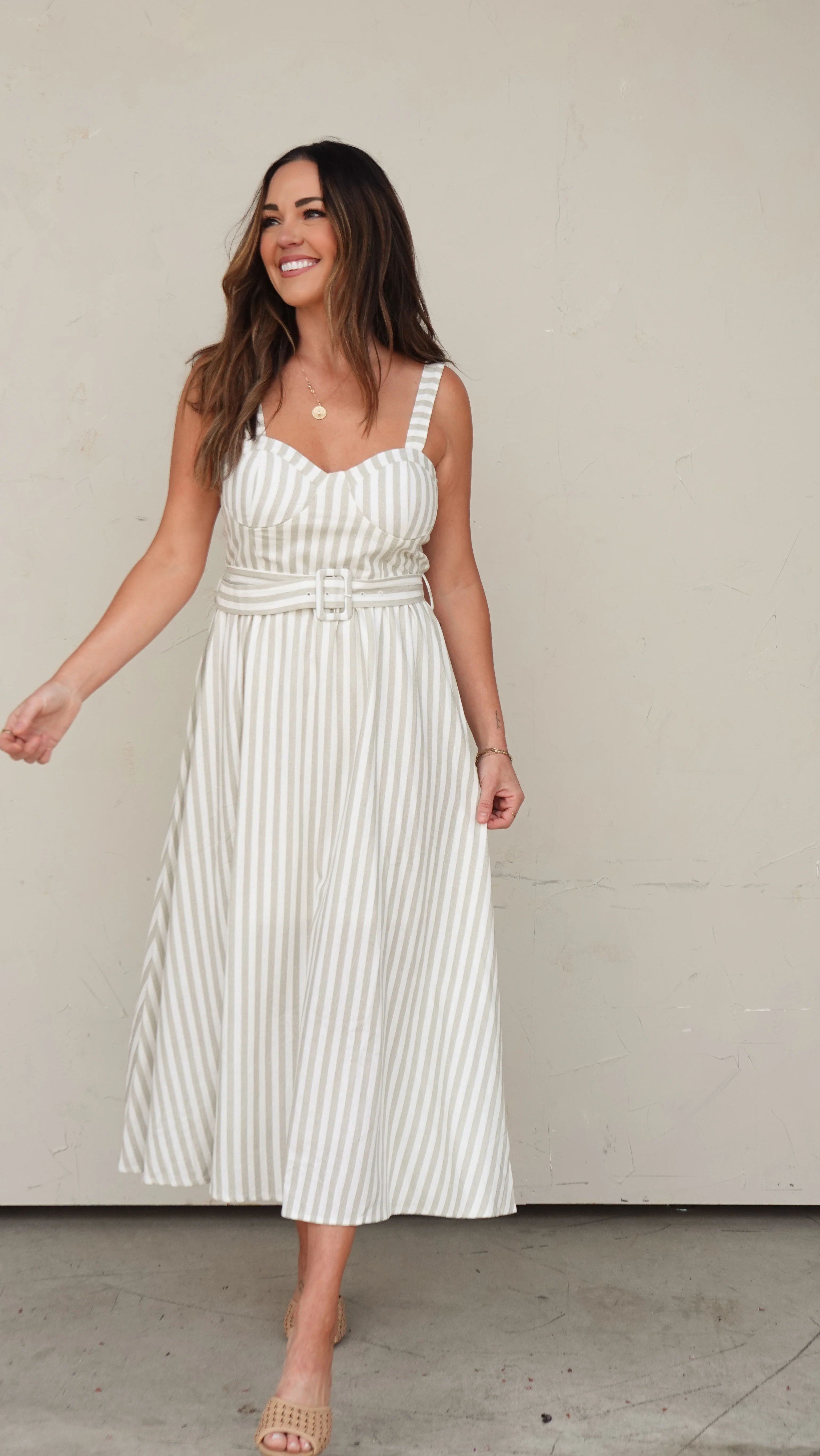 Green Stripe Belted Midi Dress - Image 9