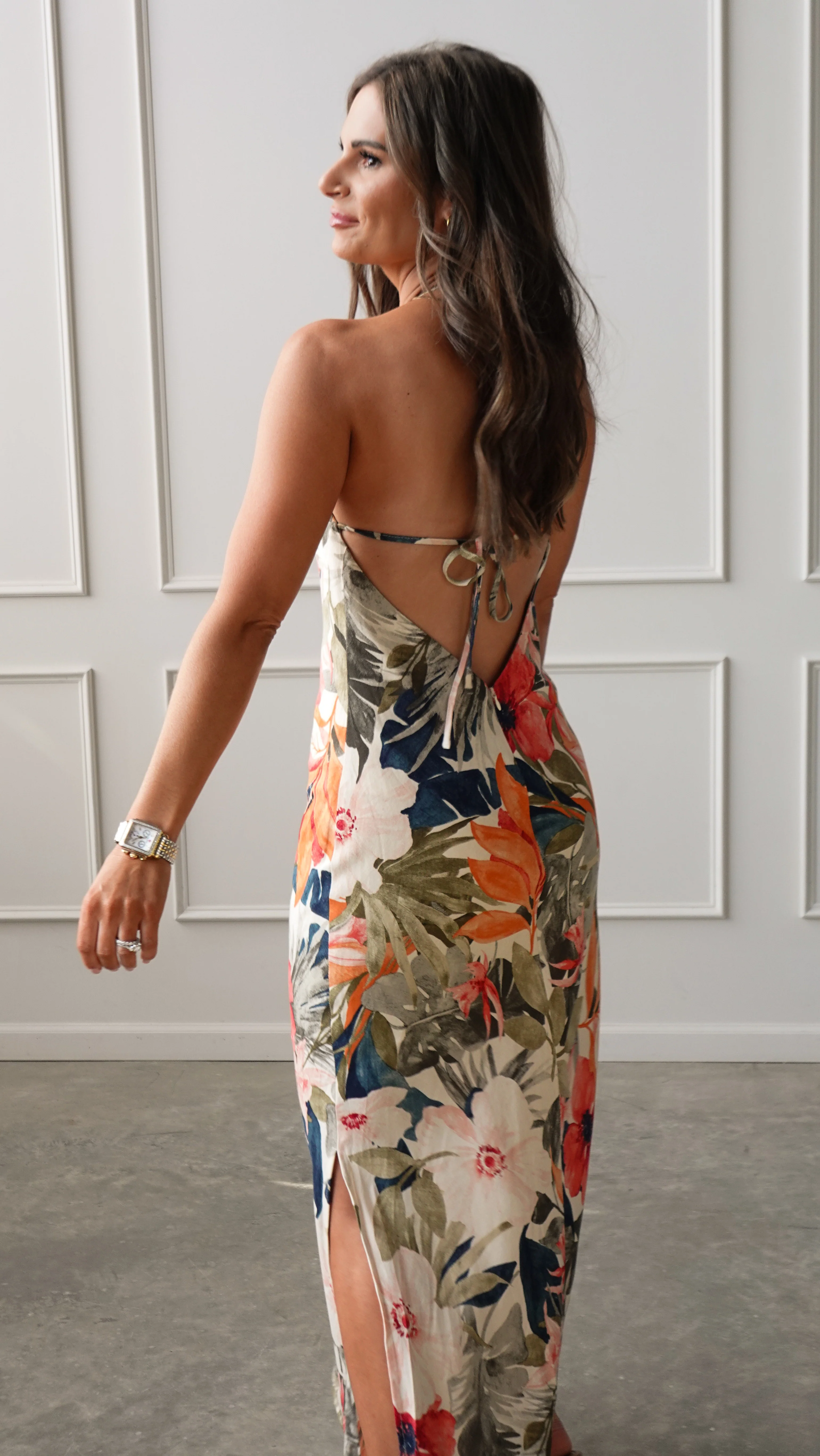 High-Neck Floral Linen Maxi Dress - Image 4