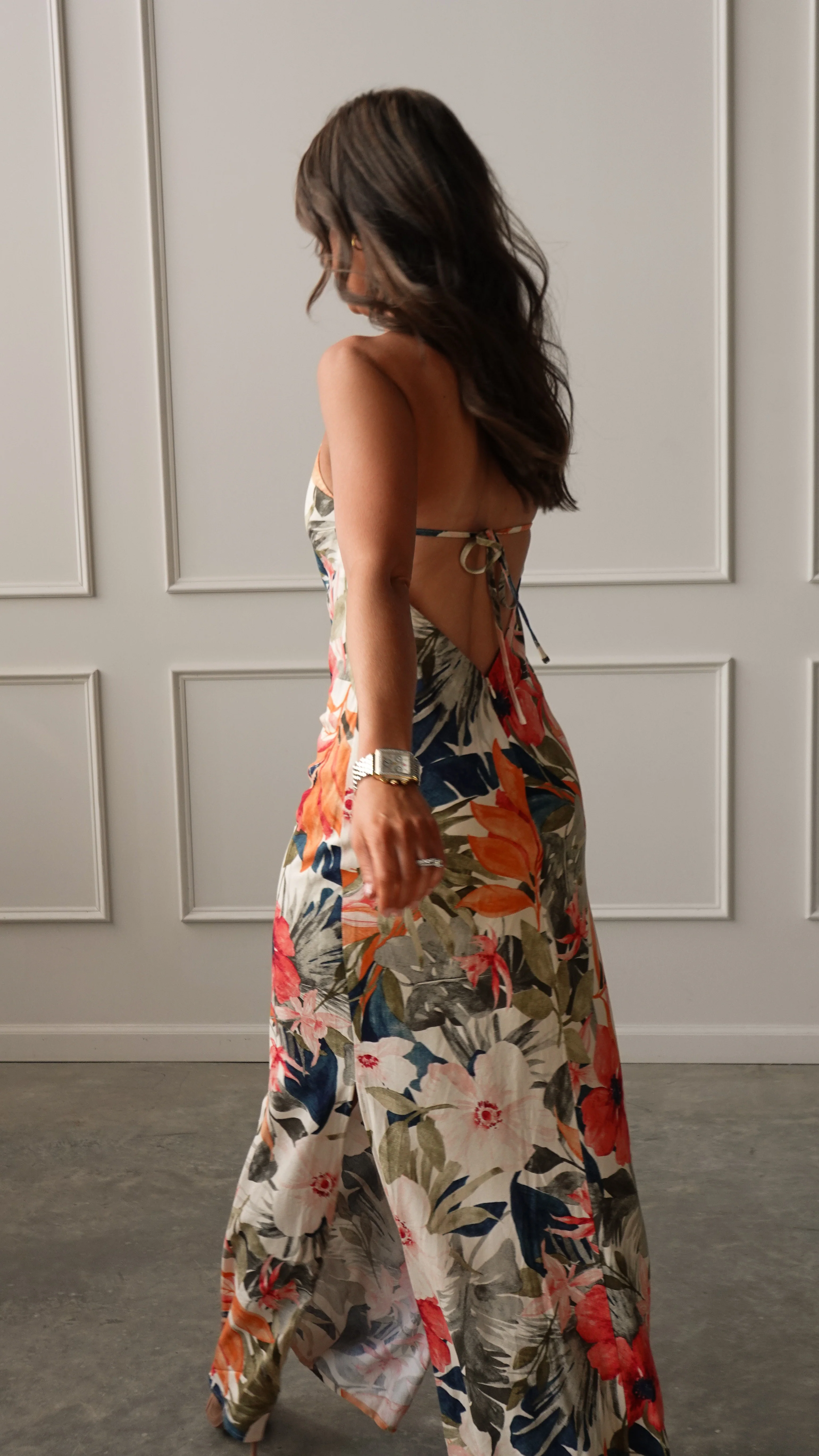 High-Neck Floral Linen Maxi Dress - Image 5