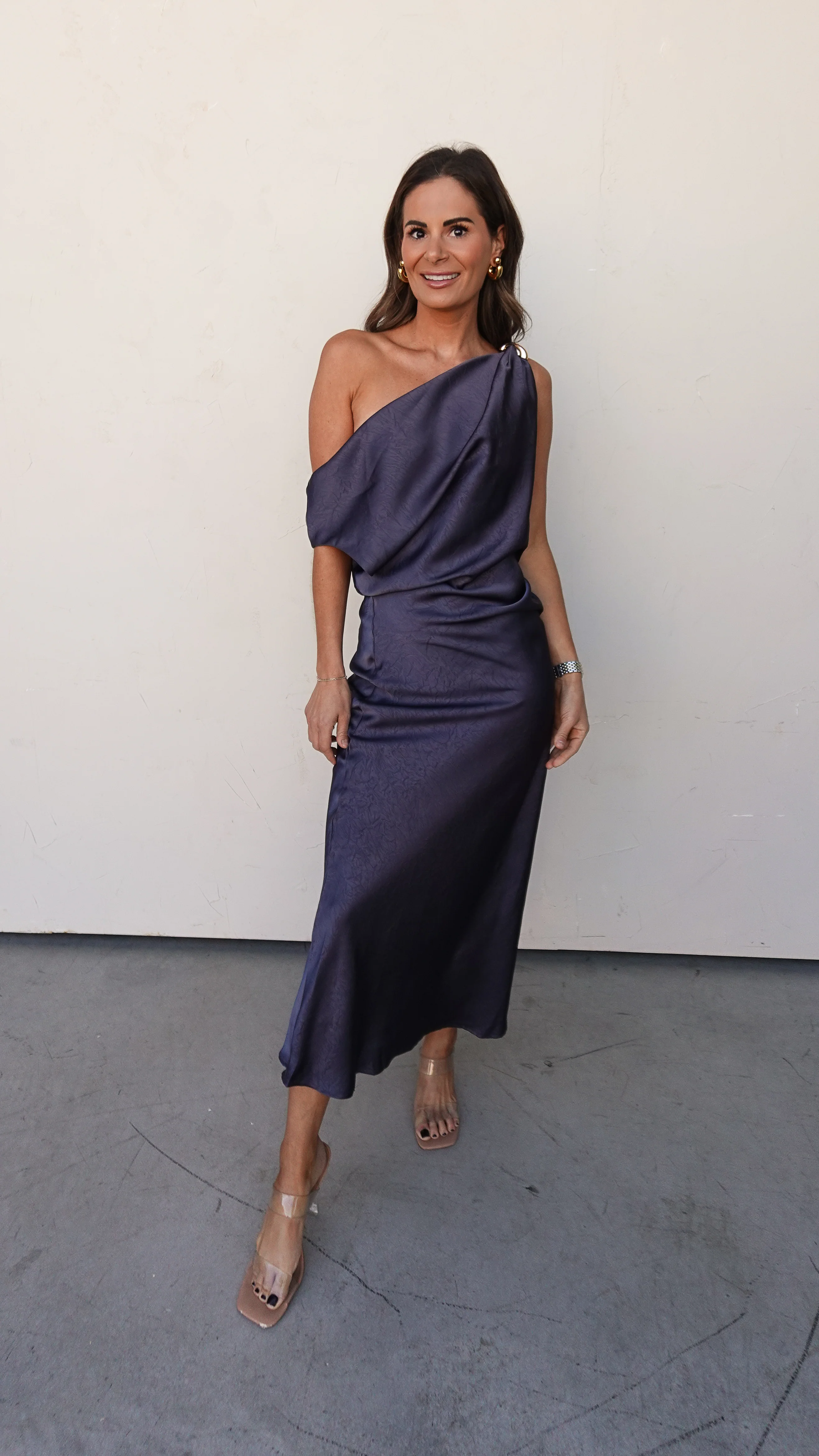 Midnight Satin Midi Dress with Gold Detail - Image 10