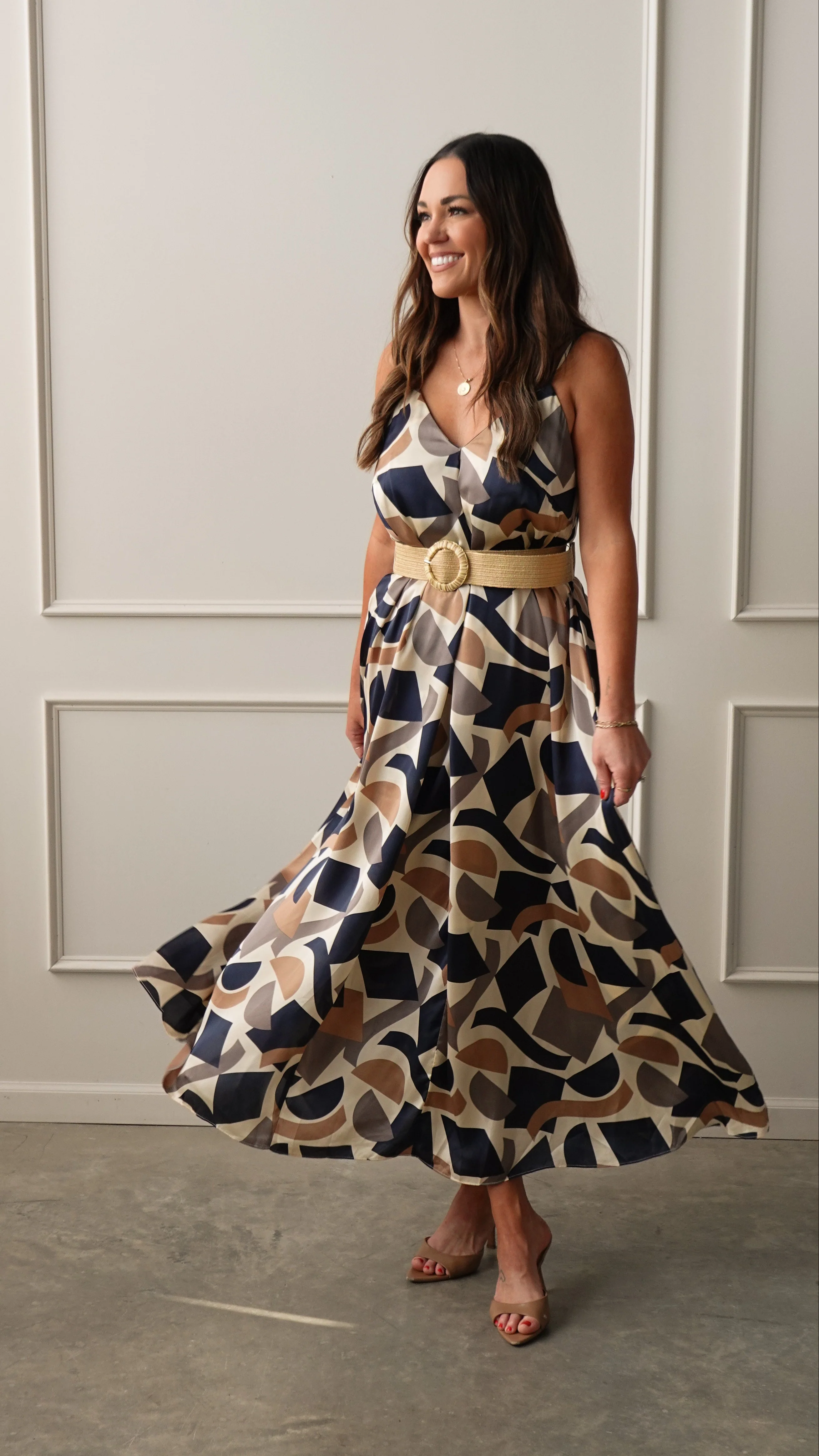 Navy/Taupe Geometric Belted Dress - Image 10