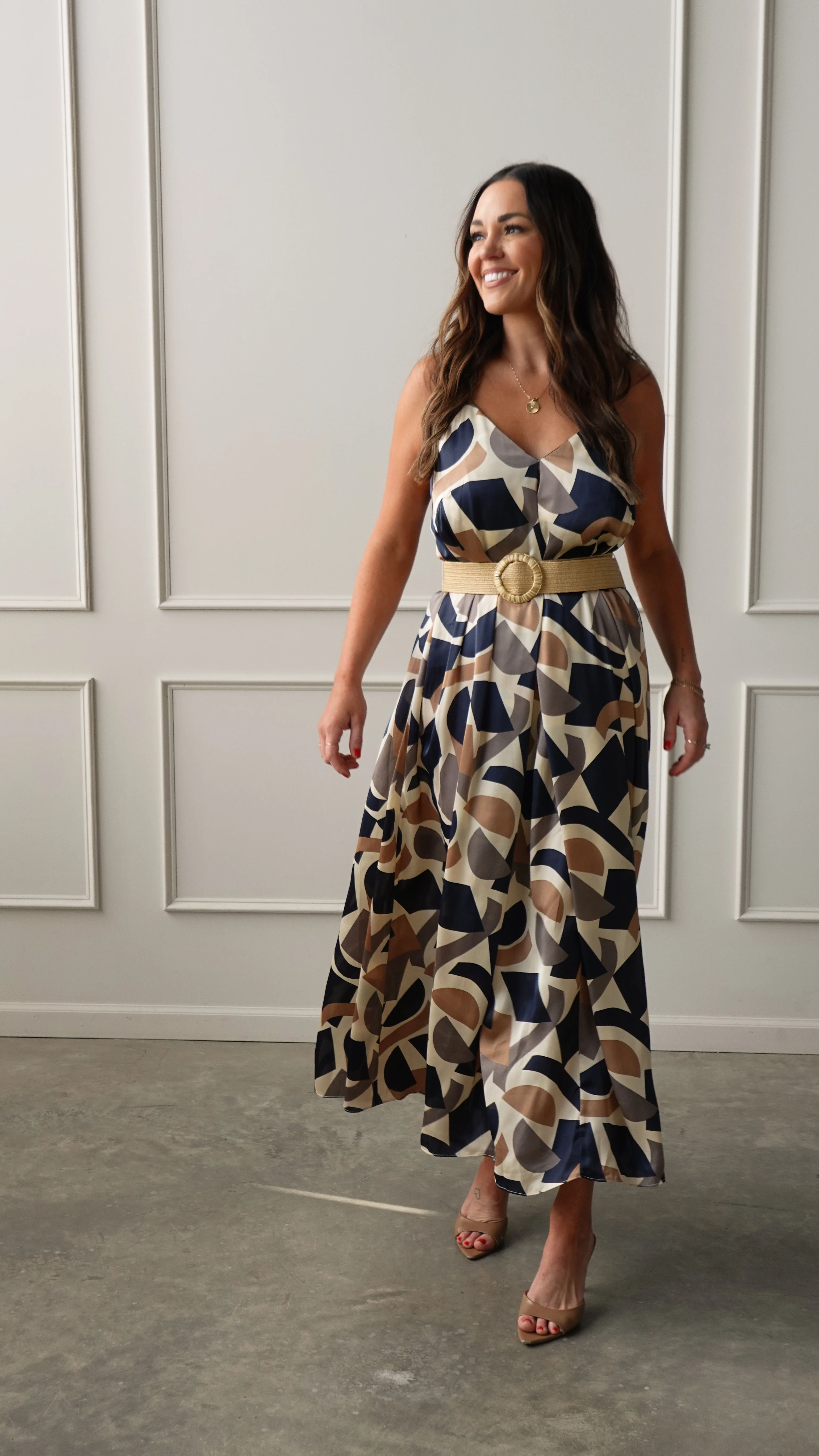 Navy/Taupe Geometric Belted Dress - Image 3