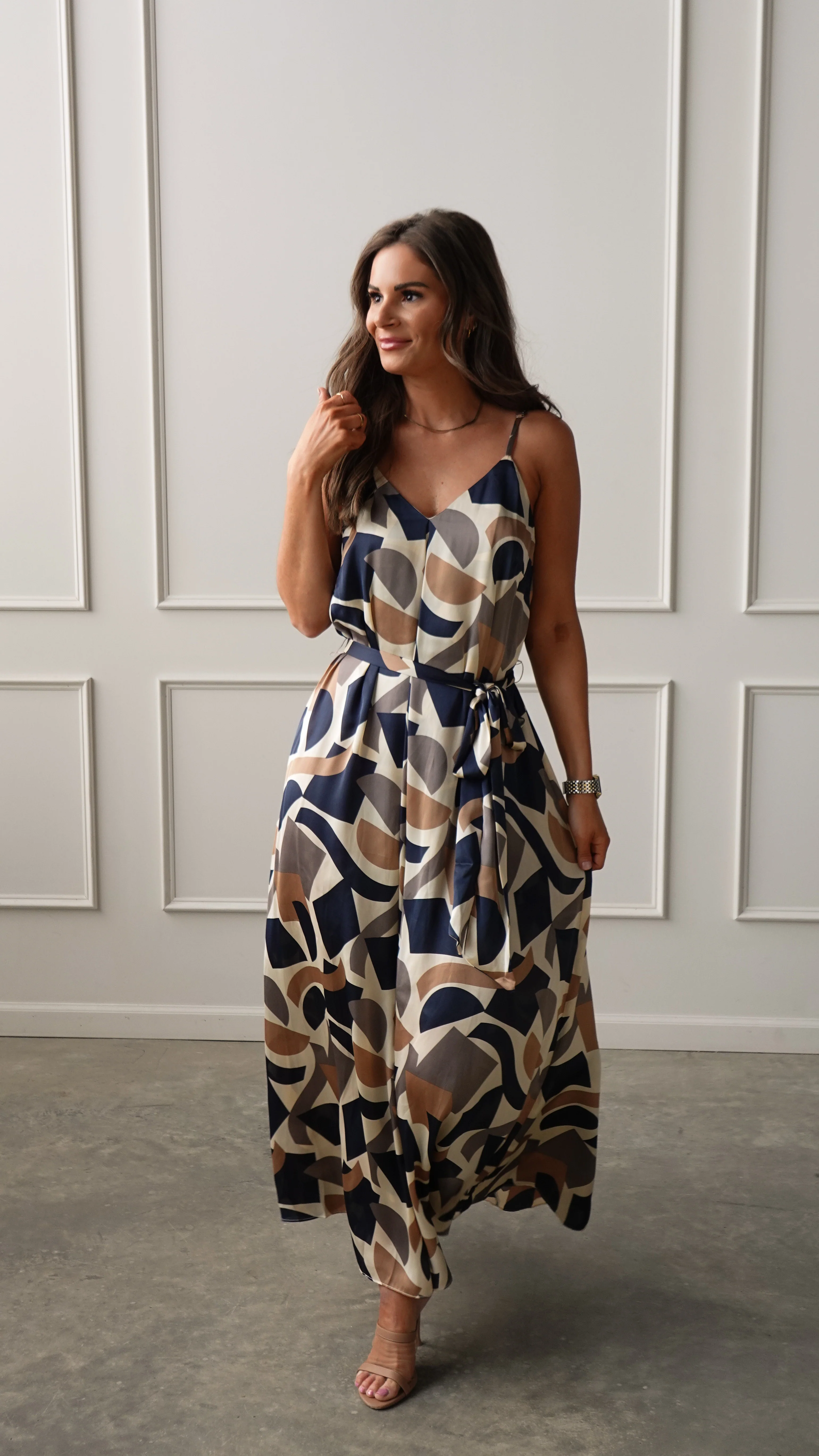 Navy/Taupe Geometric Belted Dress - Image 5