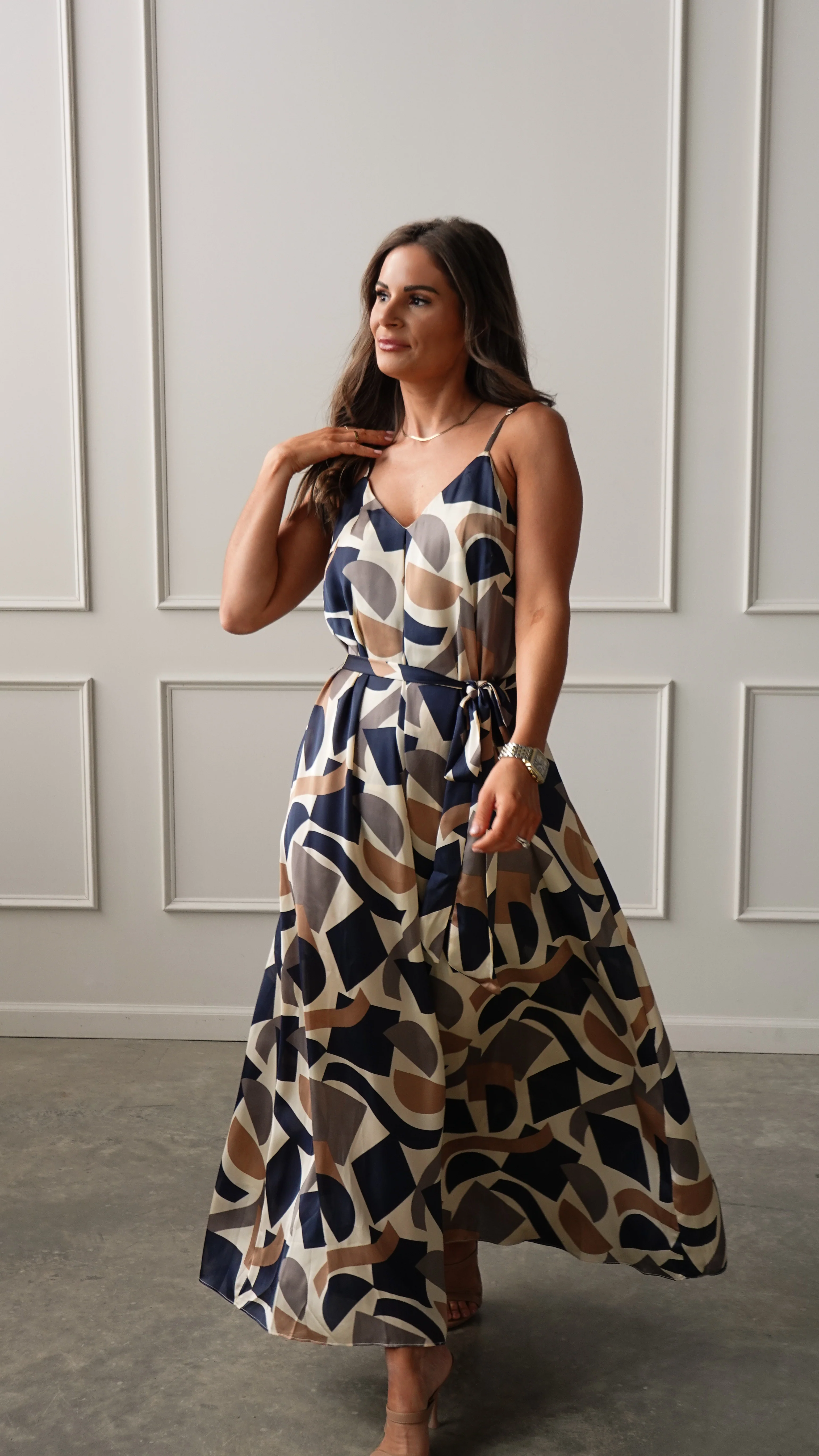 Navy/Taupe Geometric Belted Dress - Image 6