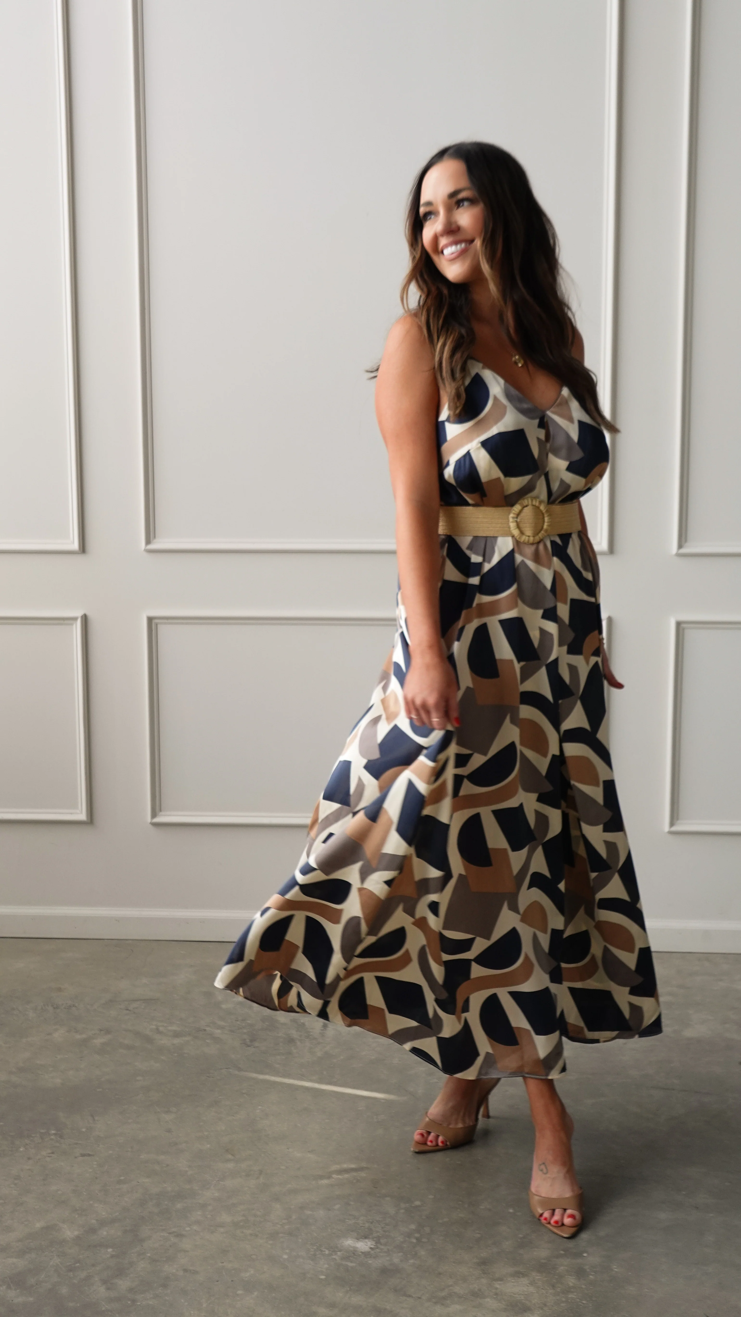Navy/Taupe Geometric Belted Dress - Image 7