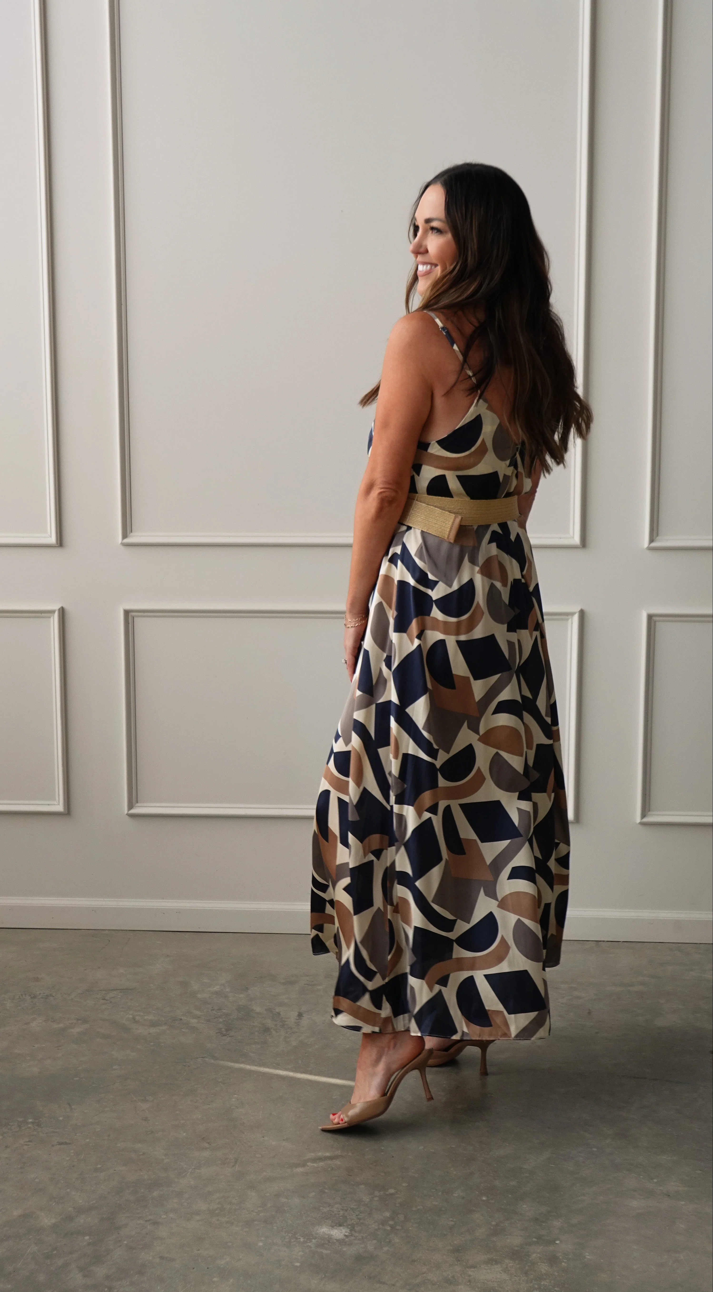 Navy/Taupe Geometric Belted Dress - Image 9