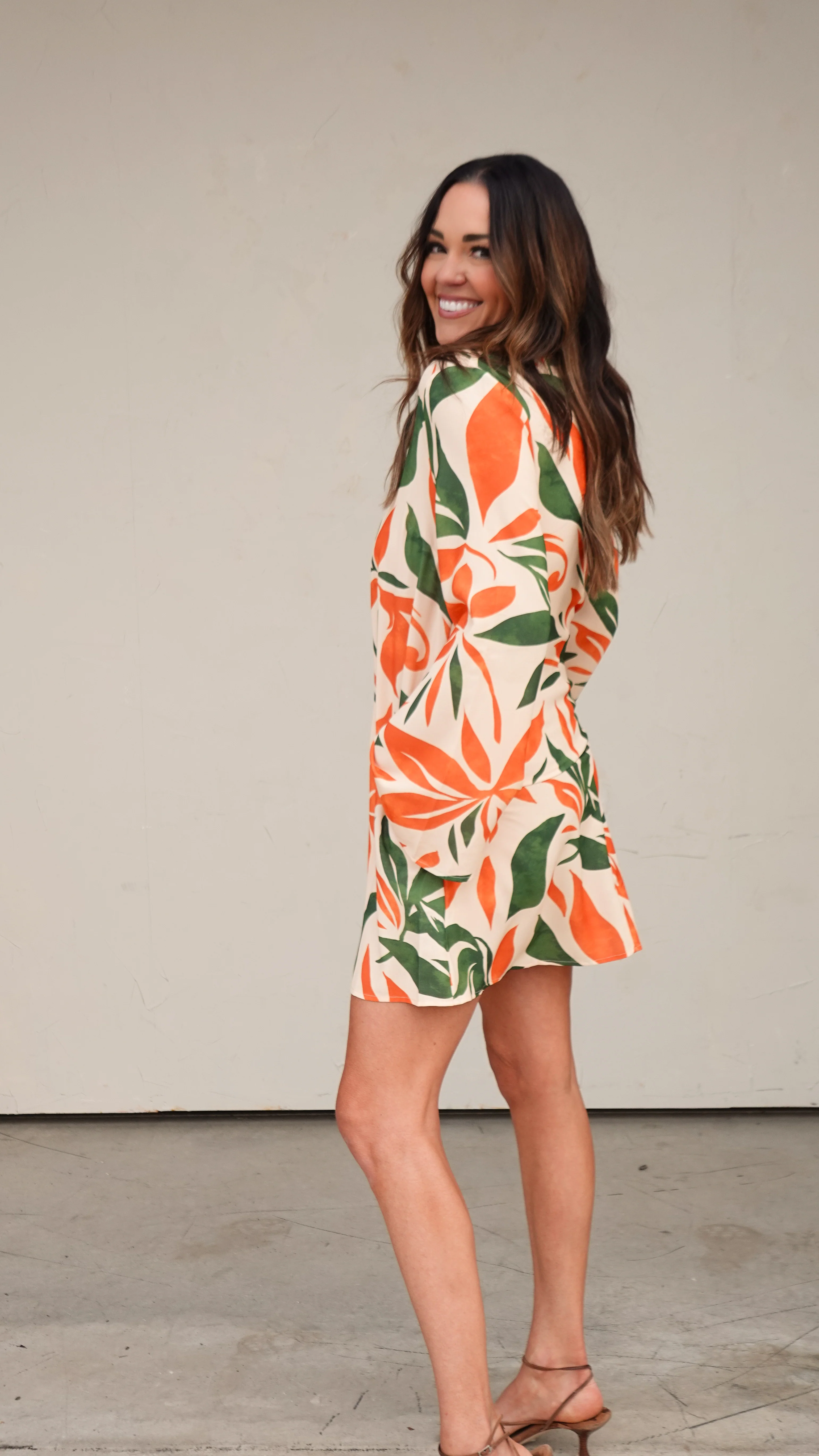 Orange/Green Botanical Long Sleeve Dress - Image 3