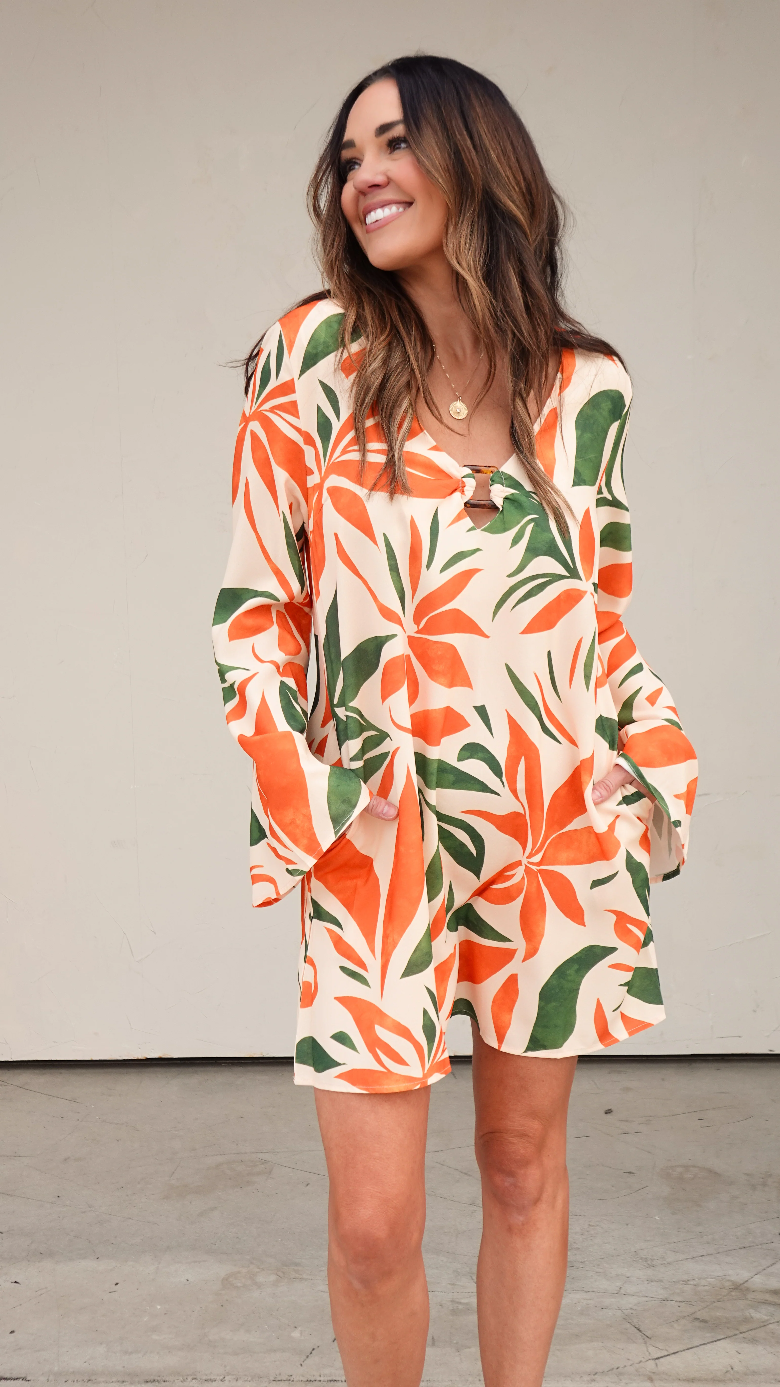Orange/Green Botanical Long Sleeve Dress - Image 4