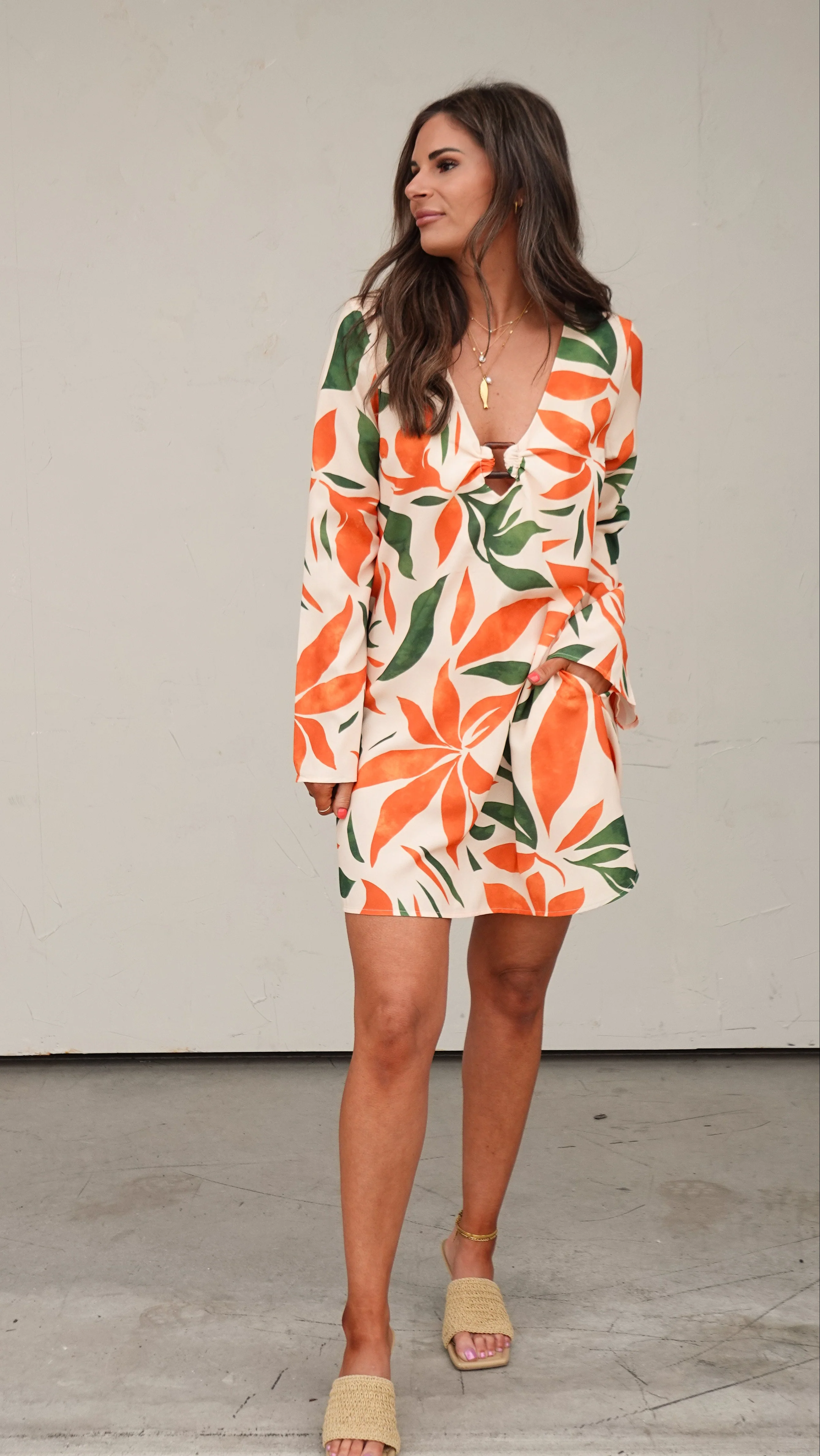 Orange/Green Botanical Long Sleeve Dress - Image 6
