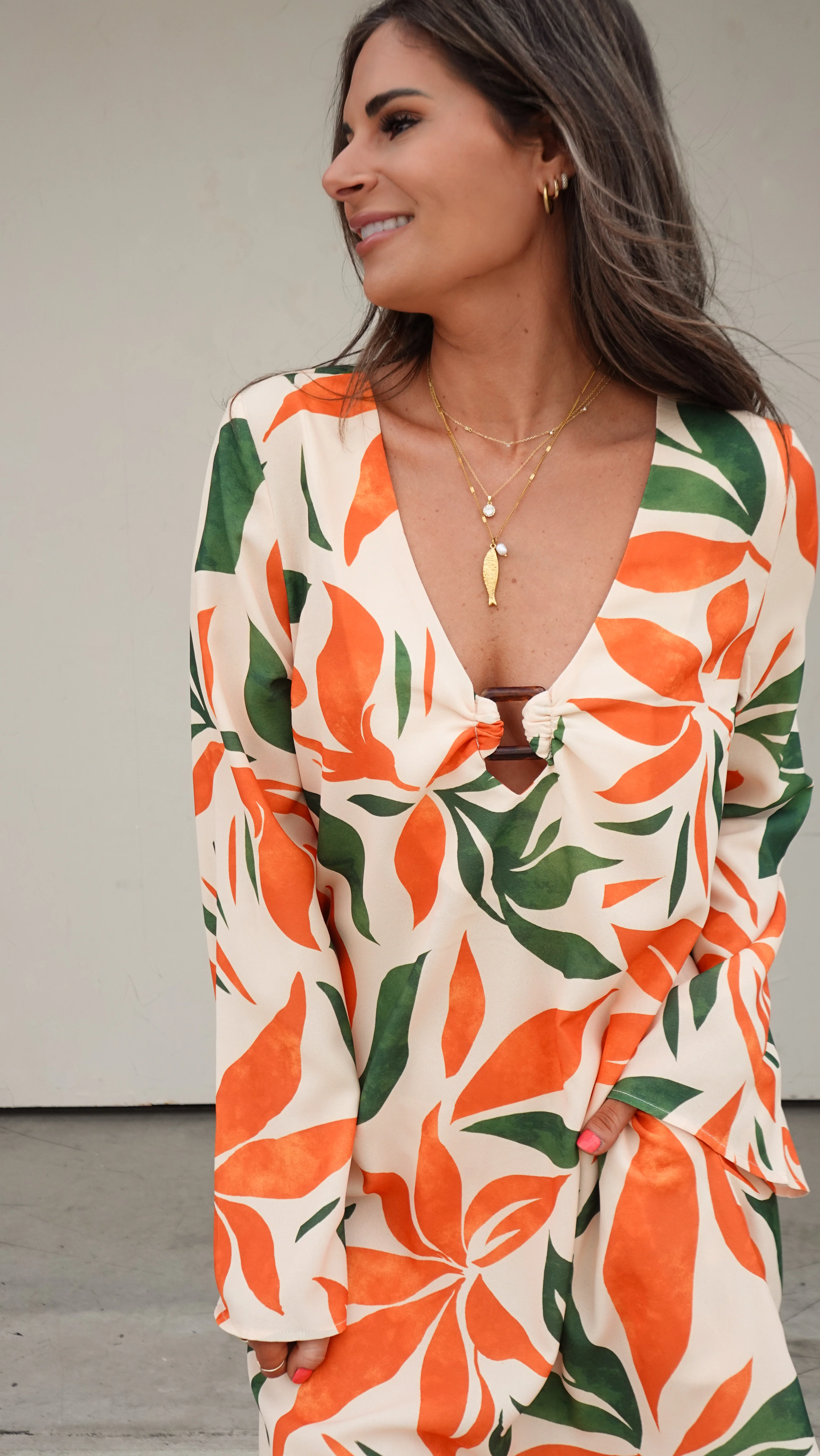 Orange/Green Botanical Long Sleeve Dress - Image 7