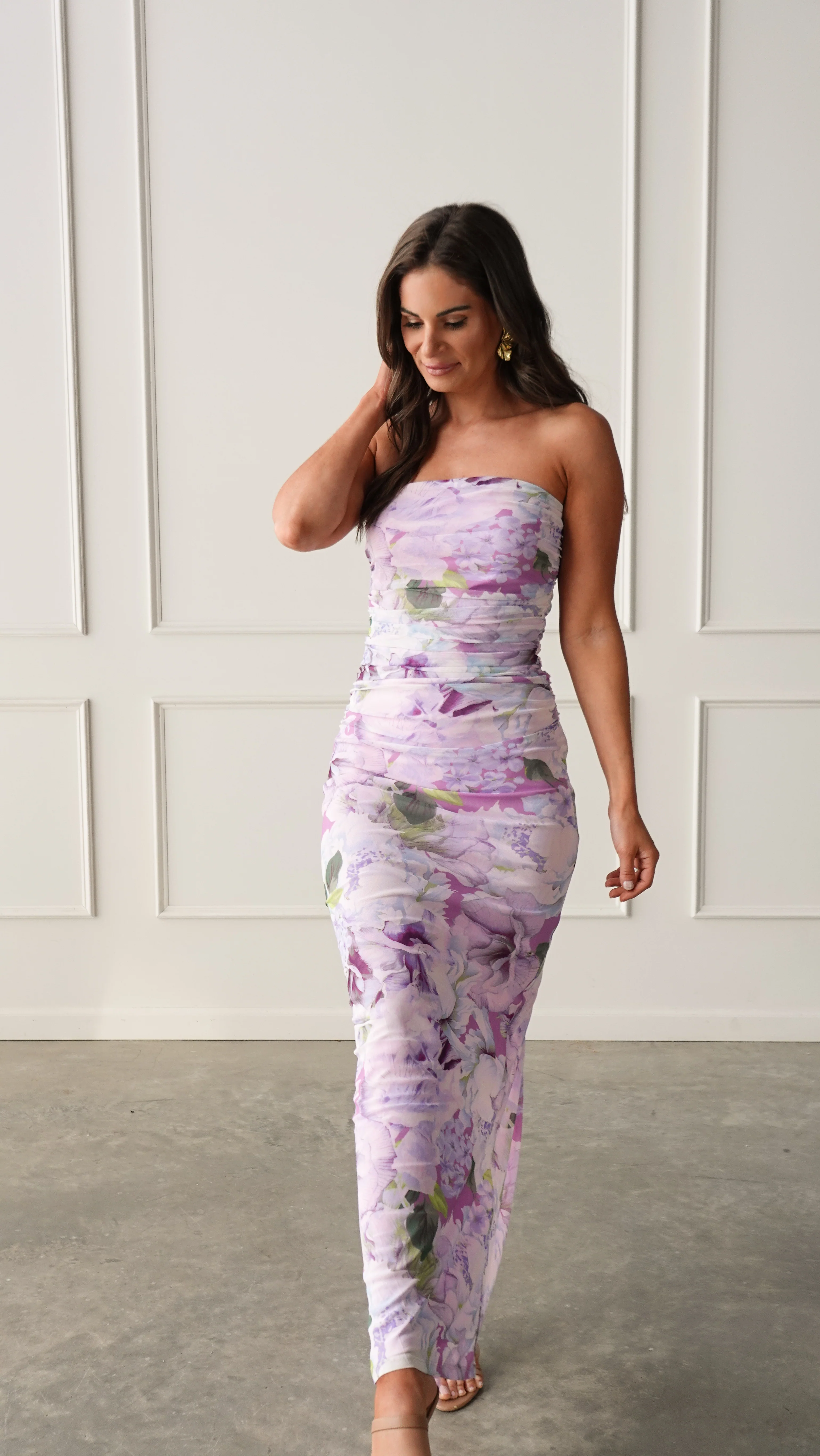 Purple Floral Strapless Dress - Image 3