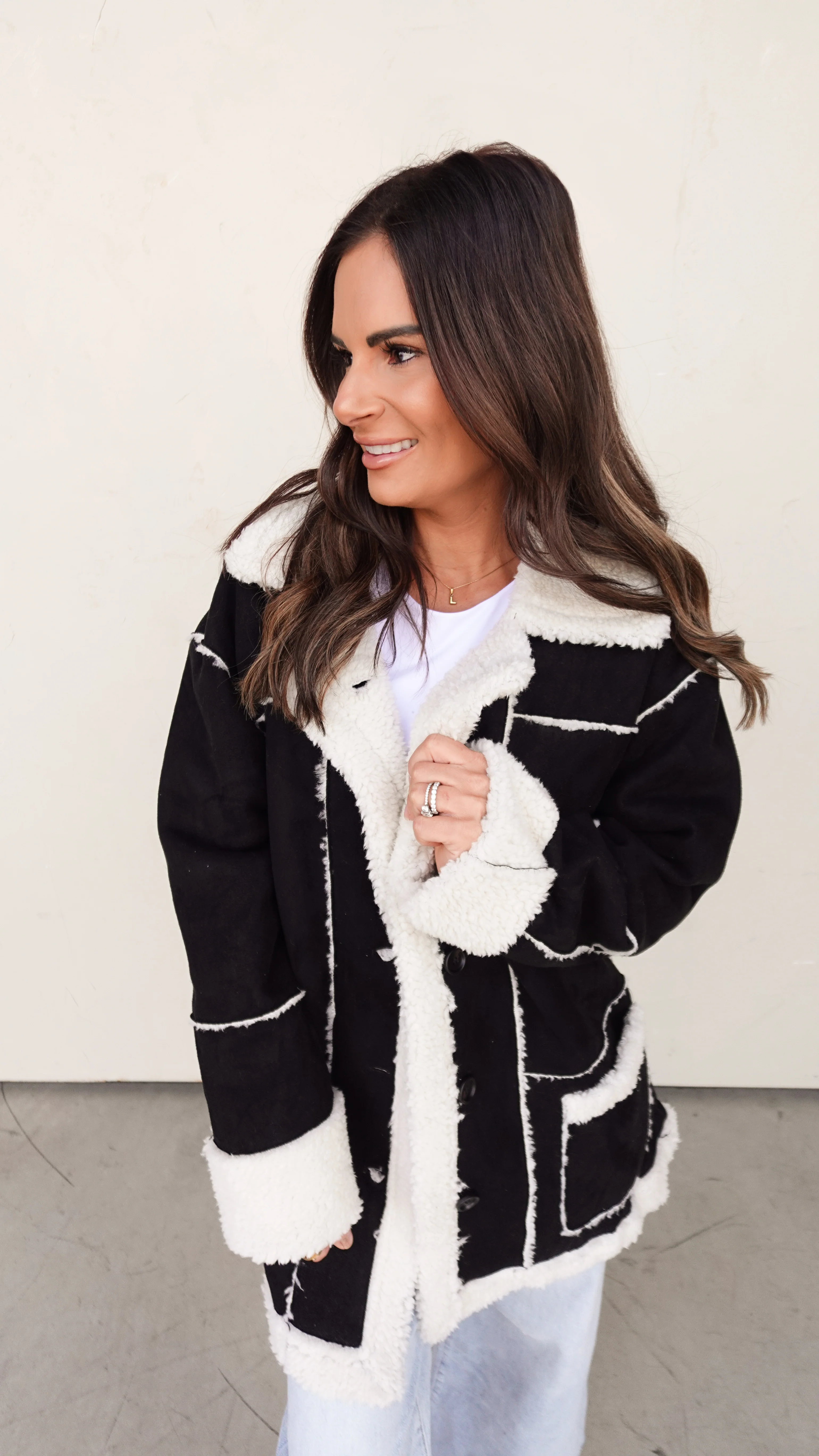 Sherpa-Lined Faux Suede Jacket - Black & Cream - Image 4