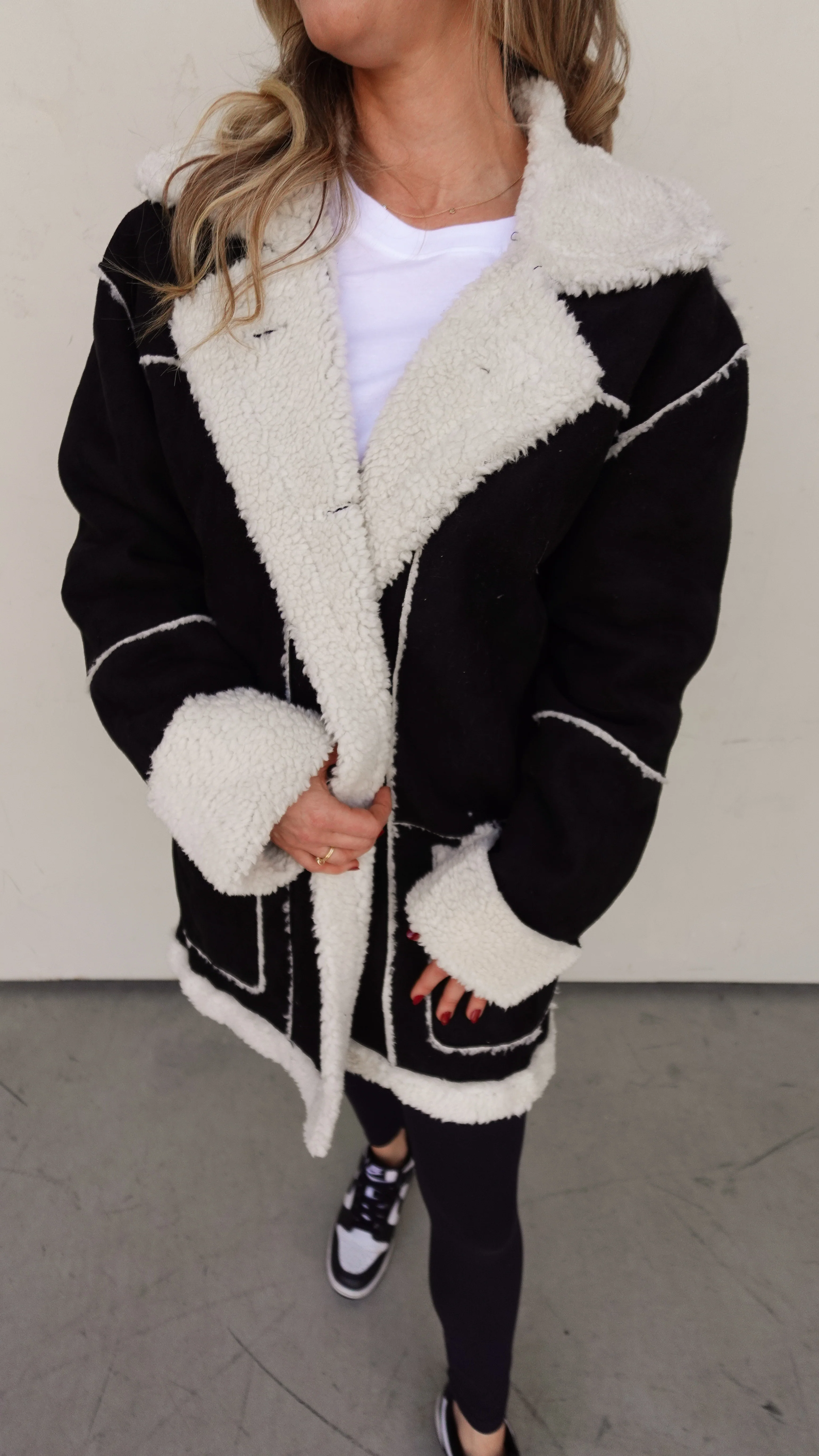 Sherpa-Lined Faux Suede Jacket - Black & Cream - Image 6