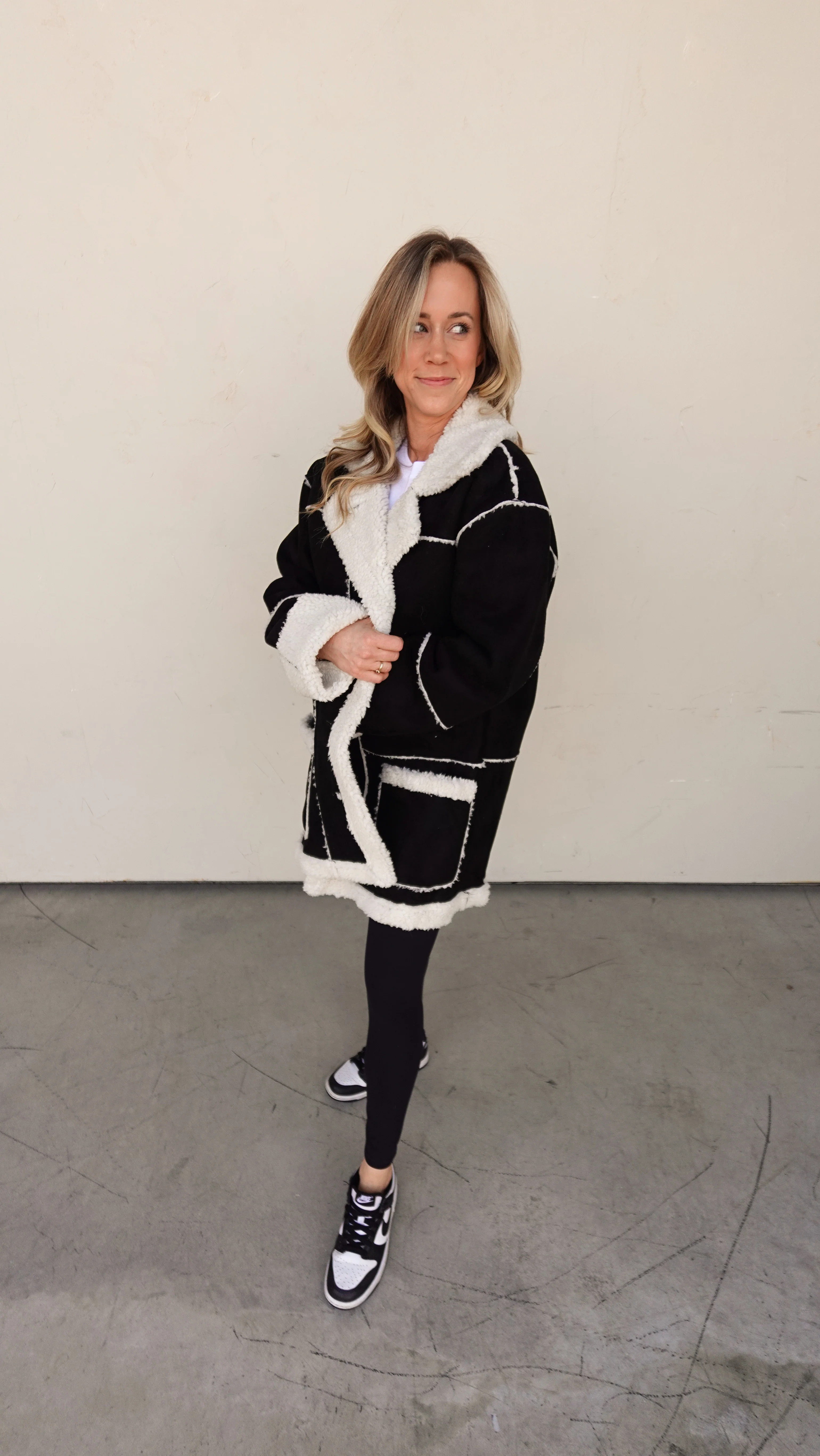 Sherpa-Lined Faux Suede Jacket - Black & Cream - Image 7