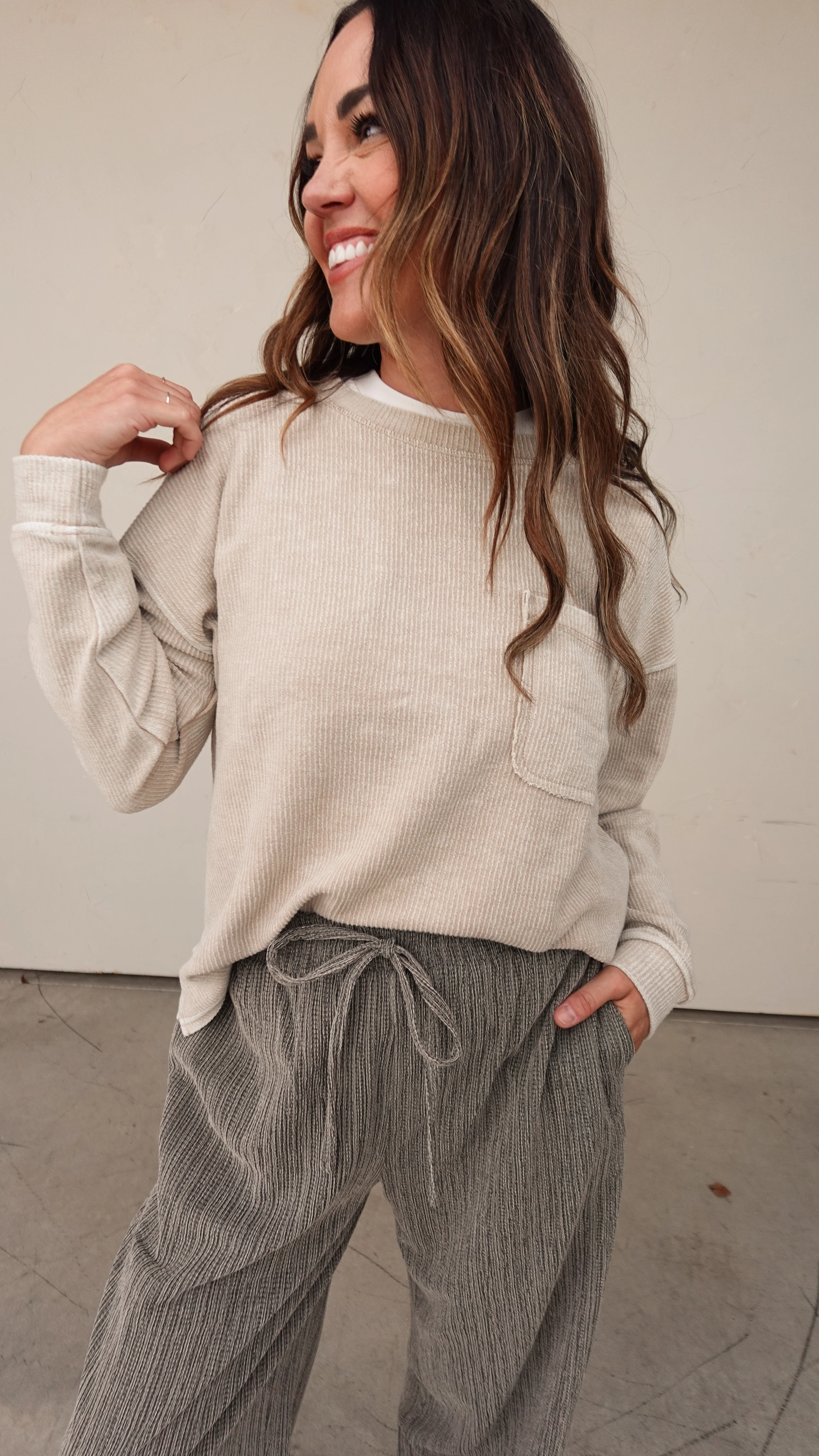 Taupe Textured Knit Drawstring Pant - Image 5